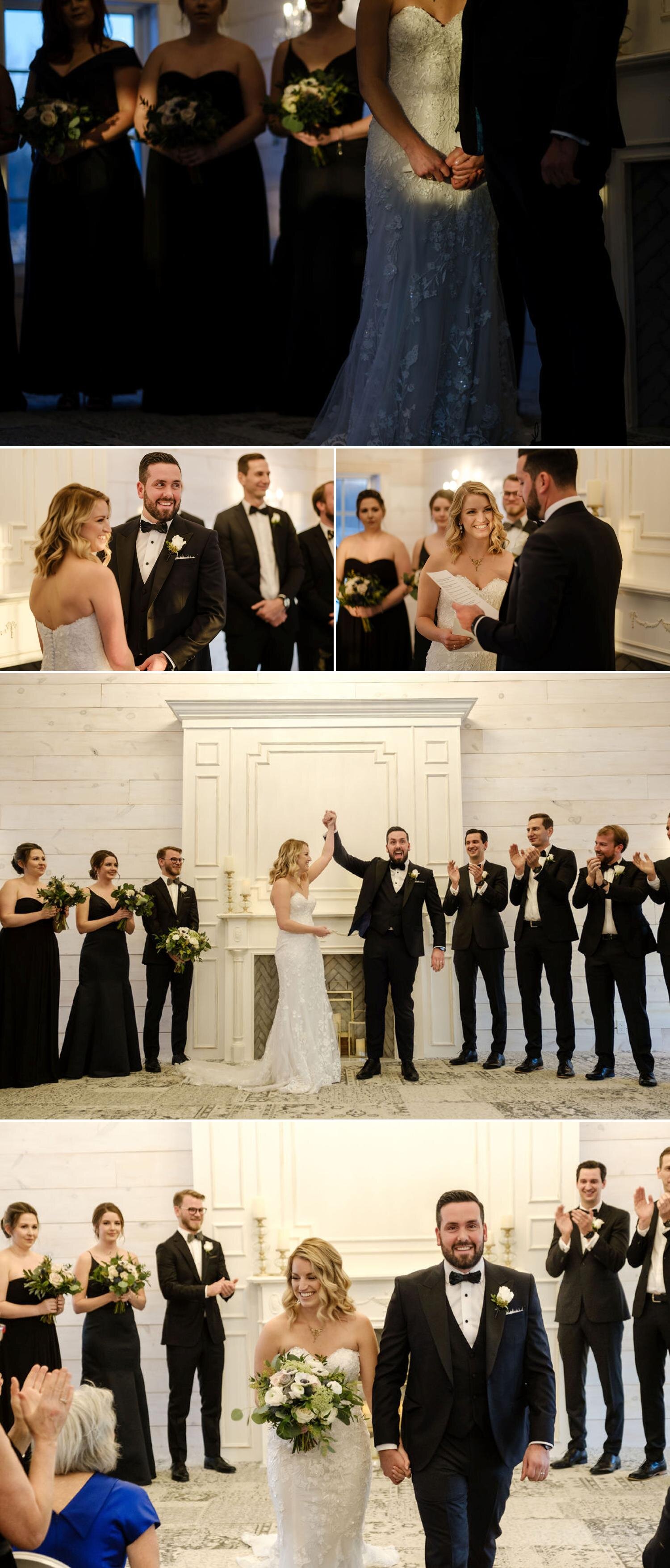 photos of an indoor wedding ceremony at stonefields