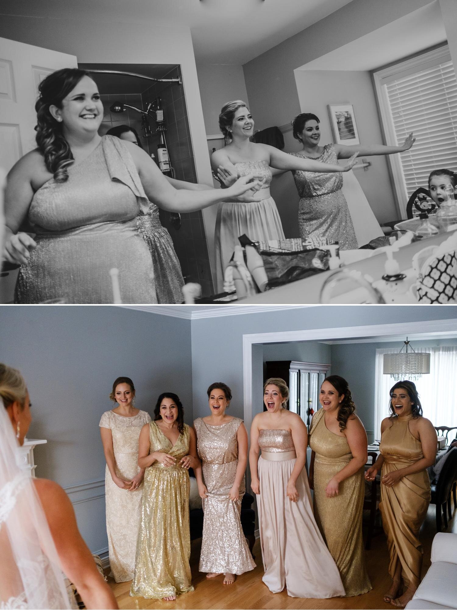 photographs of bridesmaids seeing the bride in her dress for the first time