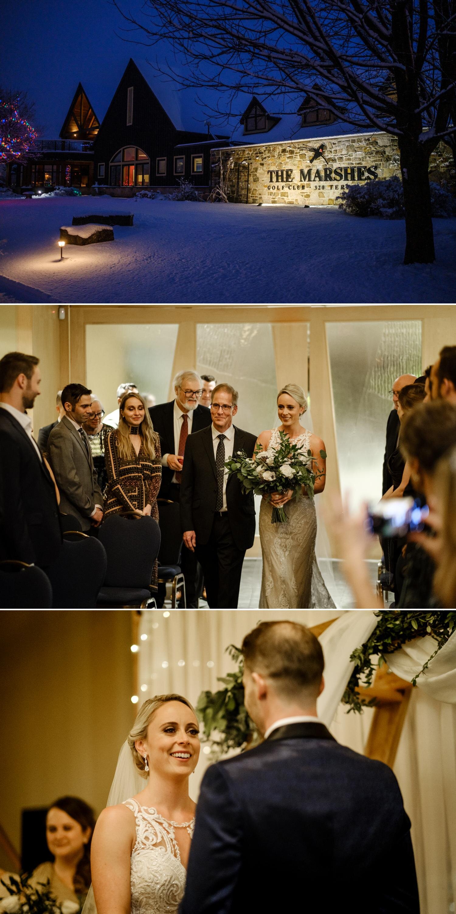 wedding photographs of a bride walking down the isle at the marshes in ottawa