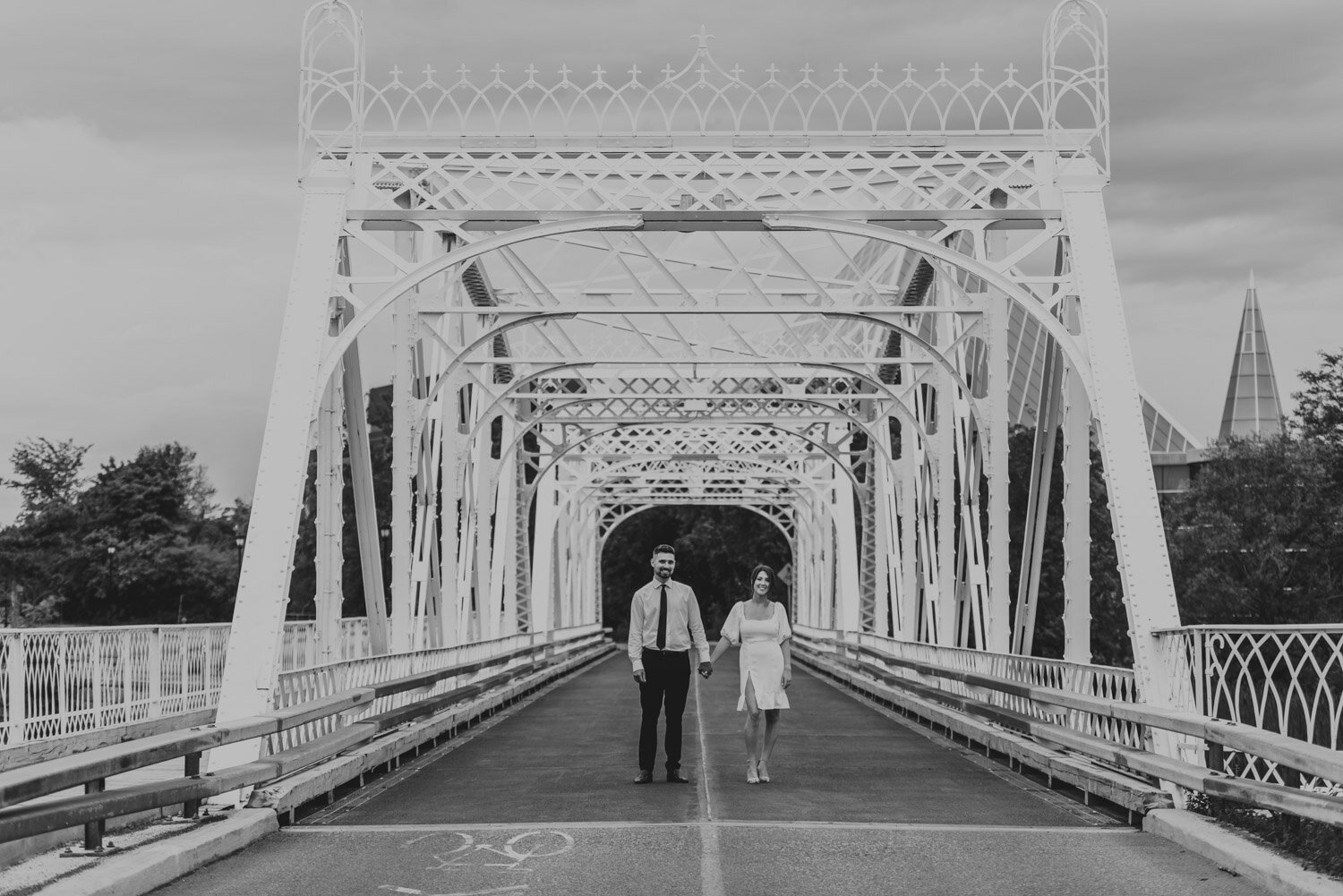 black and white photograph of a bride and groom in downtown ottawa