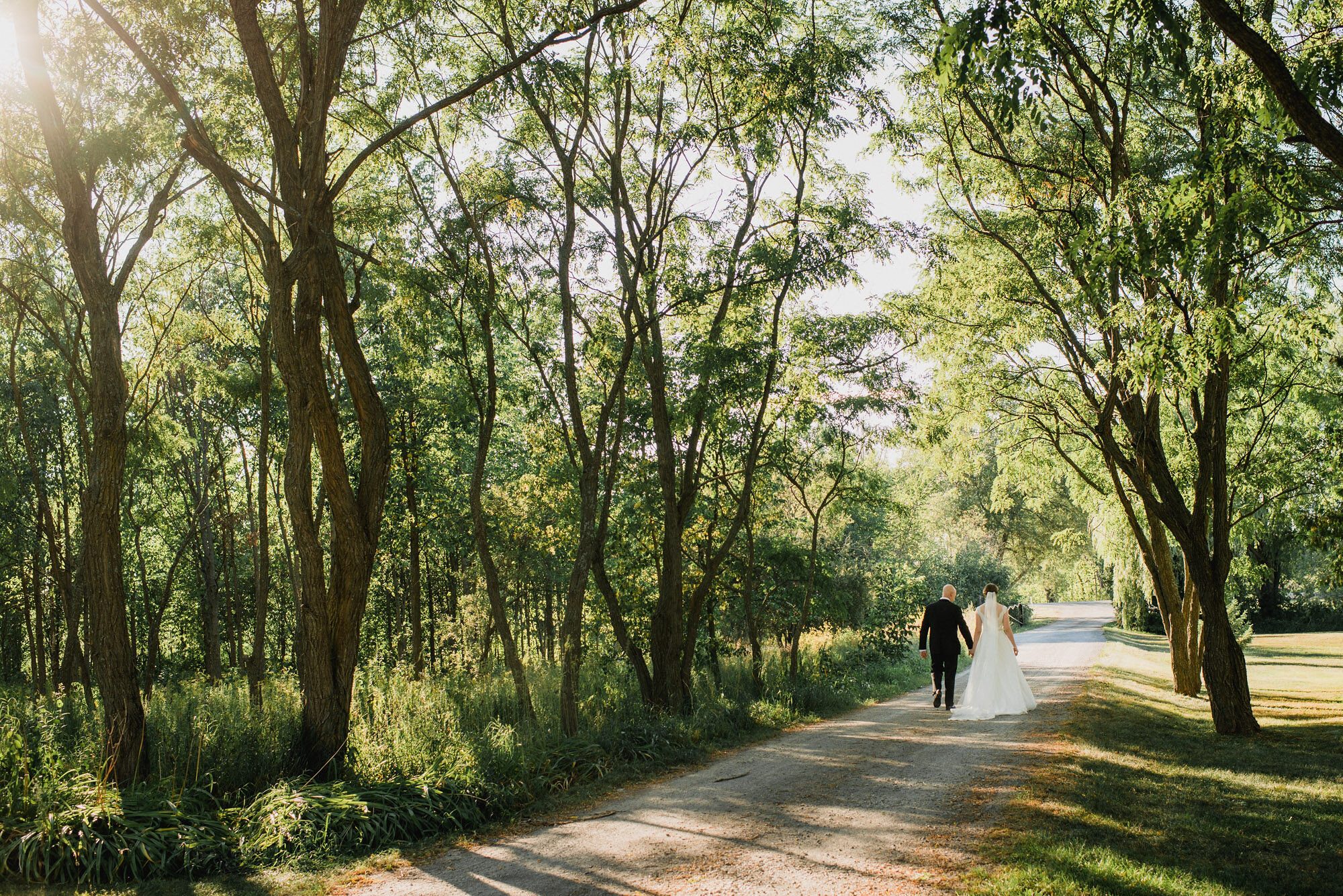 Portrait of a couple walking down a tree lined road on Stonefields Estate property