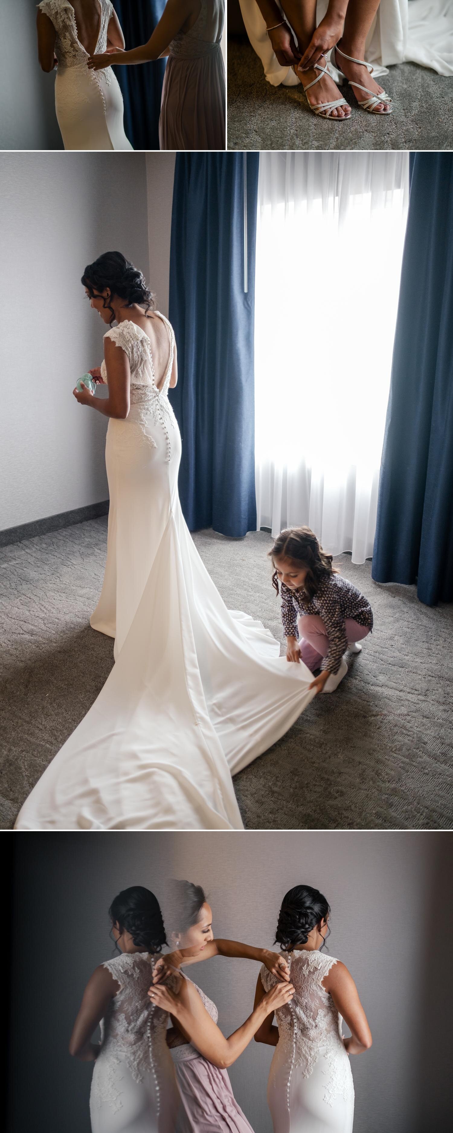 photos of a bride putting on her wedding dress