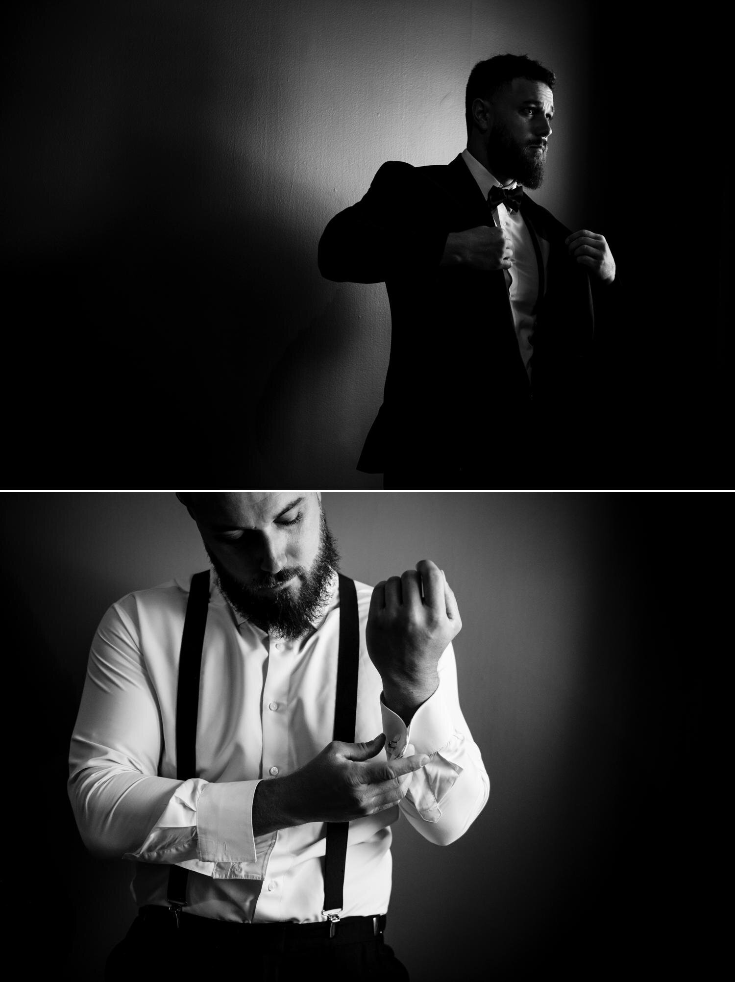 black and white photos of a groom getting ready for his wedding