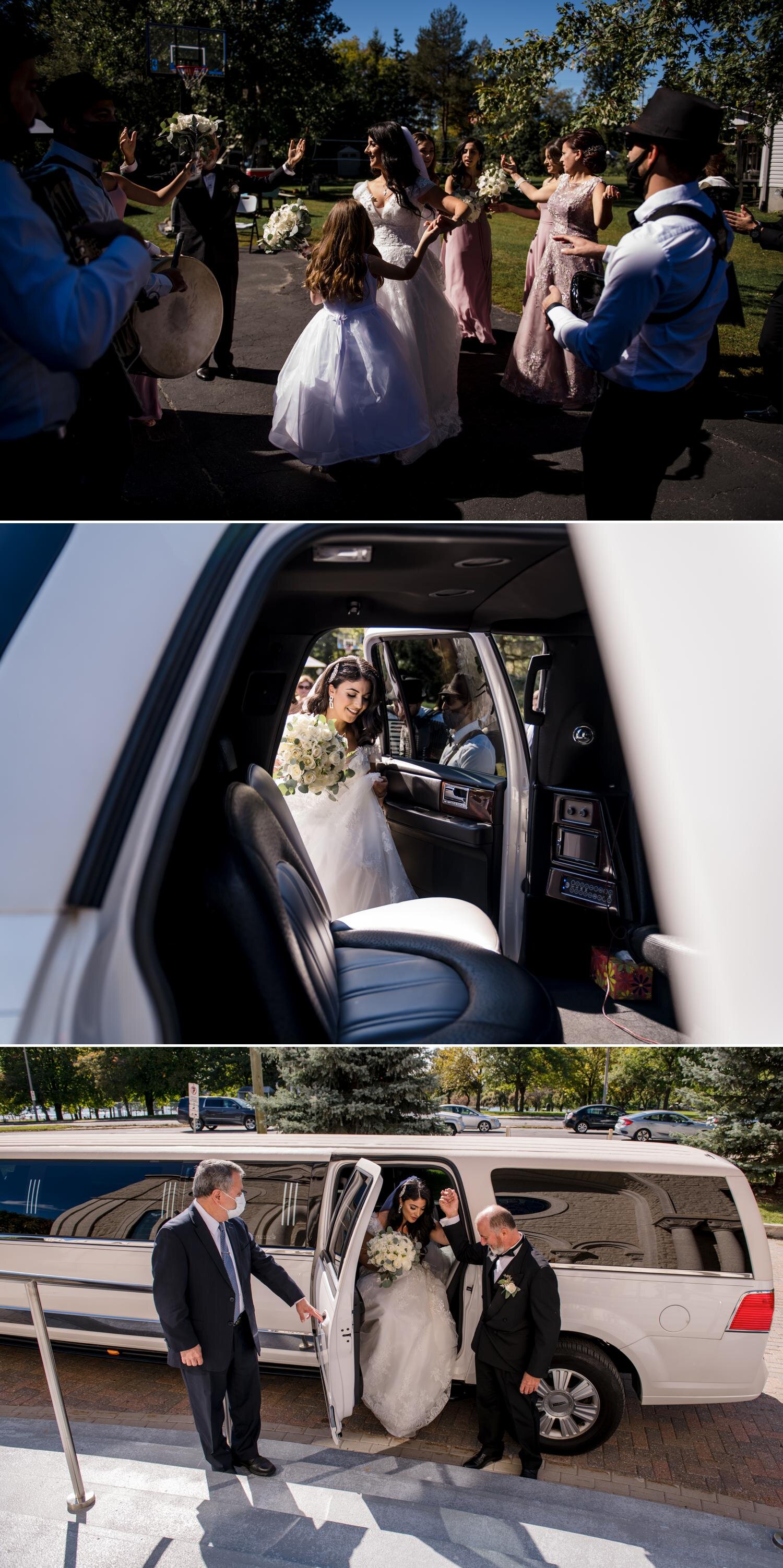 a bride getting out of a limo at her wedding