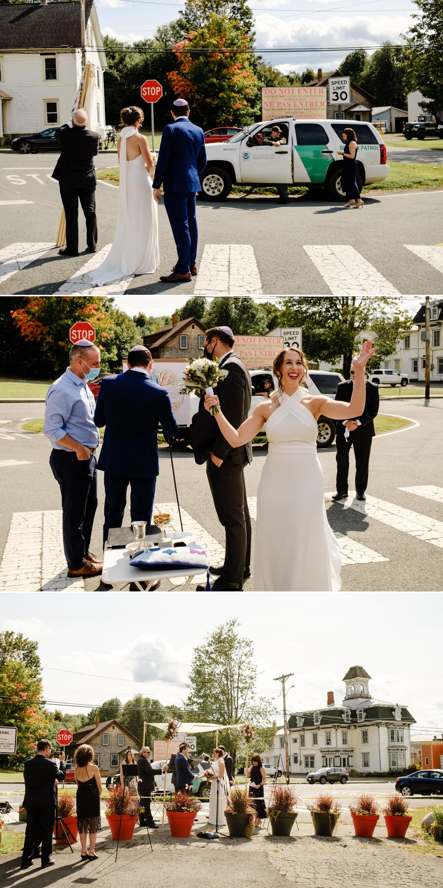 a bride and groom getting married at the Canada - US border