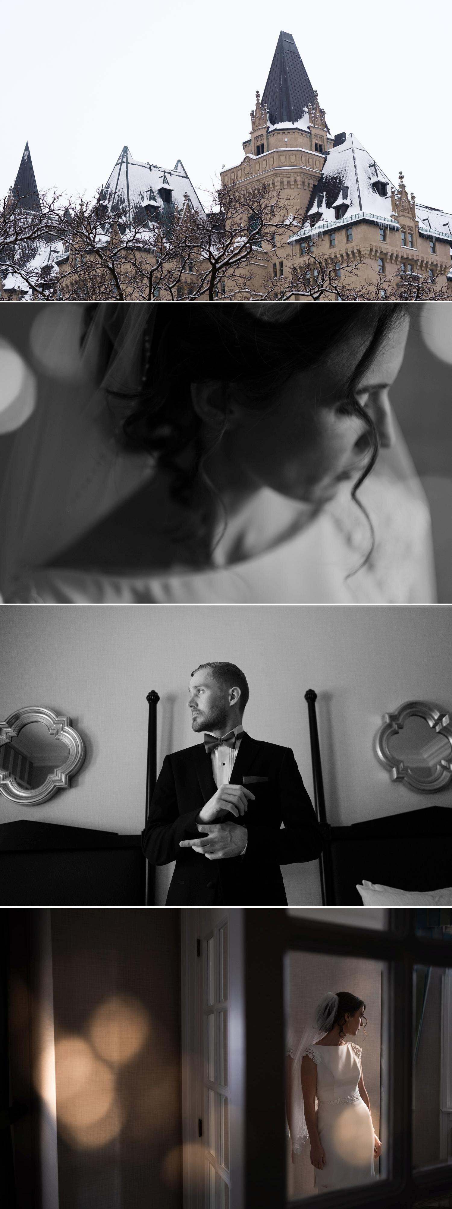 photographs of a bride and groom getting ready for their Chateau Laurier wedding