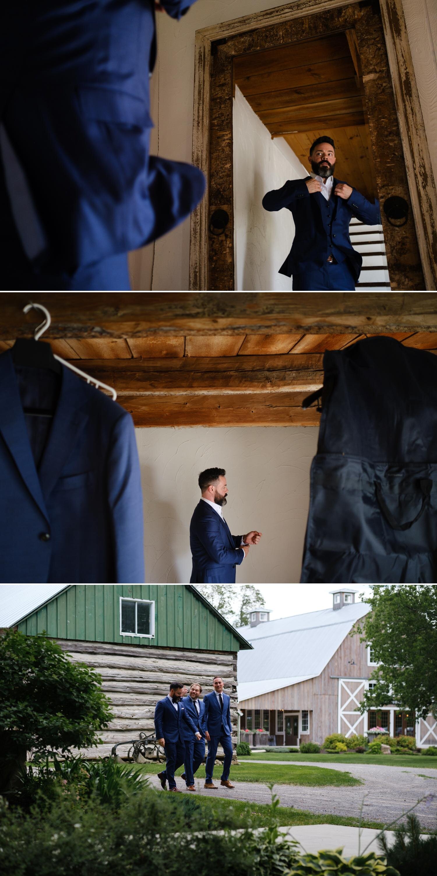 a groom and his groomsmen getting dressed on his wedding day