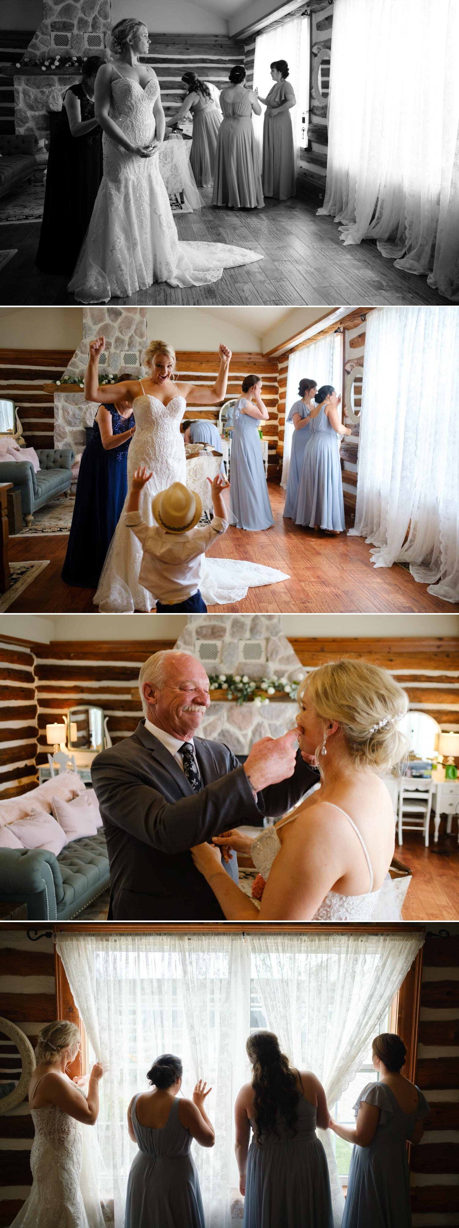 photo of a bride getting into her wedding dress