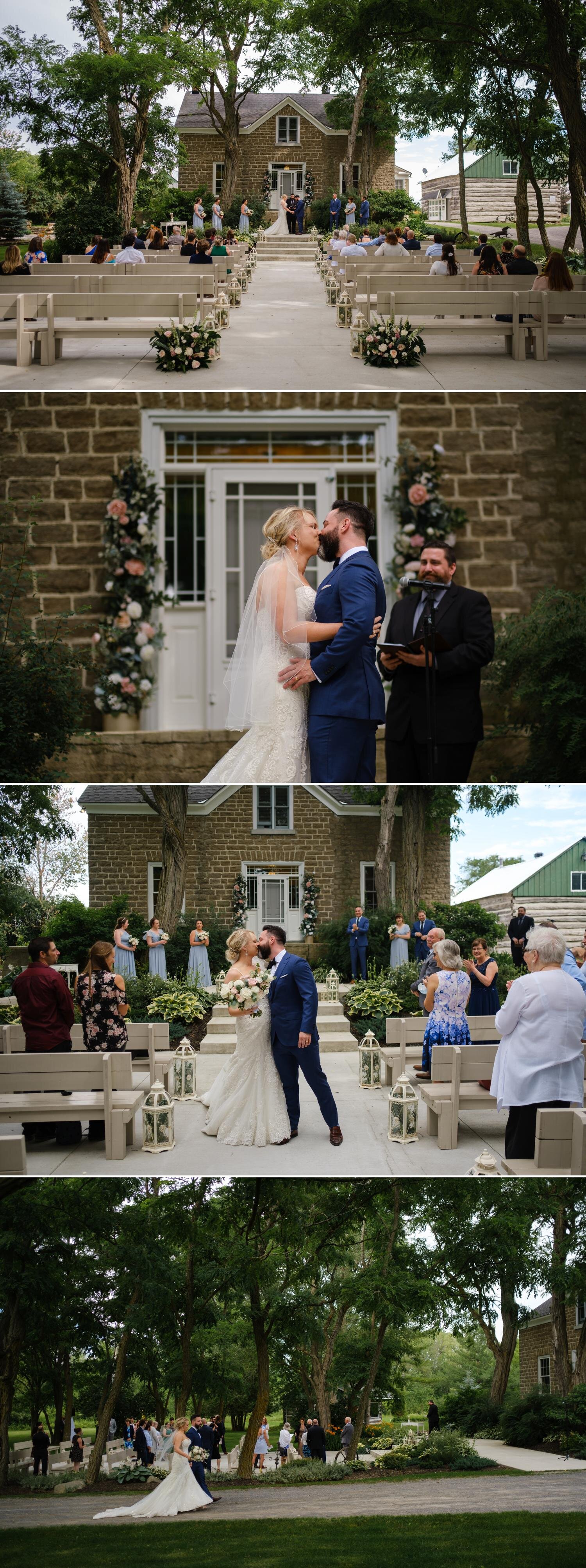 photos of the first kiss and recessional at a stonefields wedding