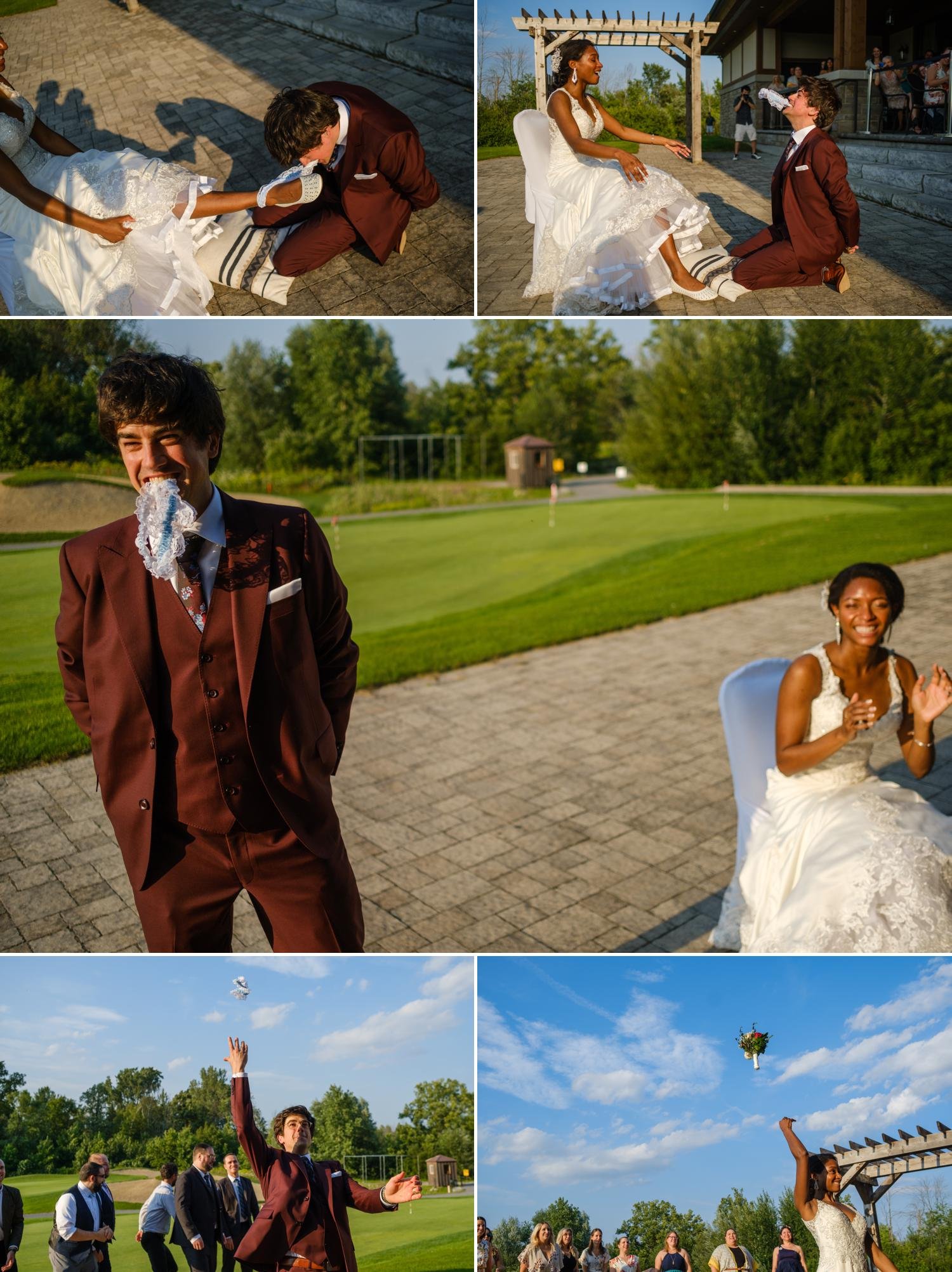 photos of the garter and bouquet toss at a wedding reception