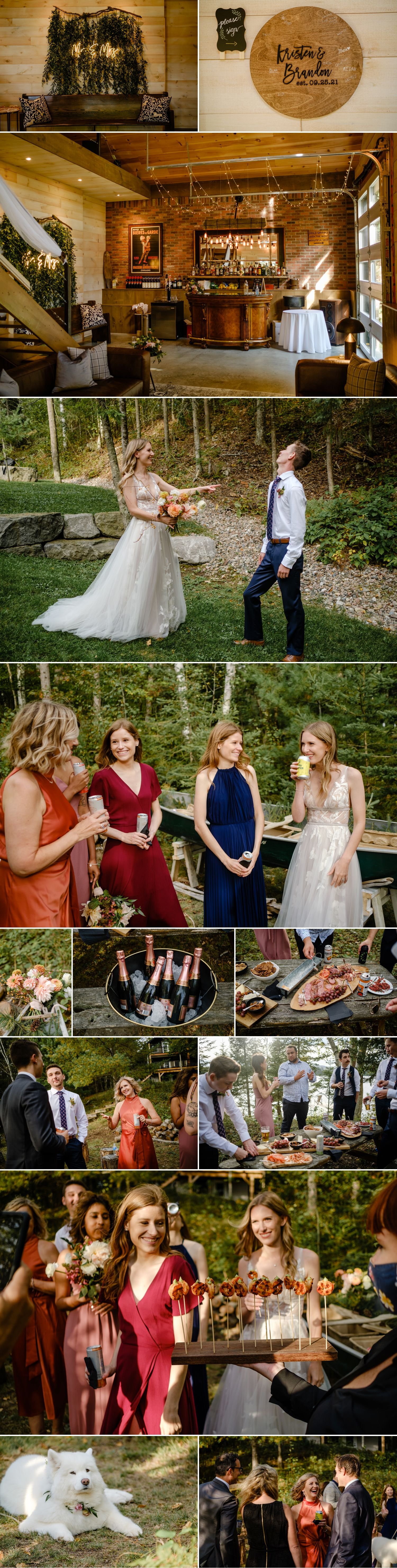 moments during an intimate cottage wedding cocktail reception in calabogie ontario