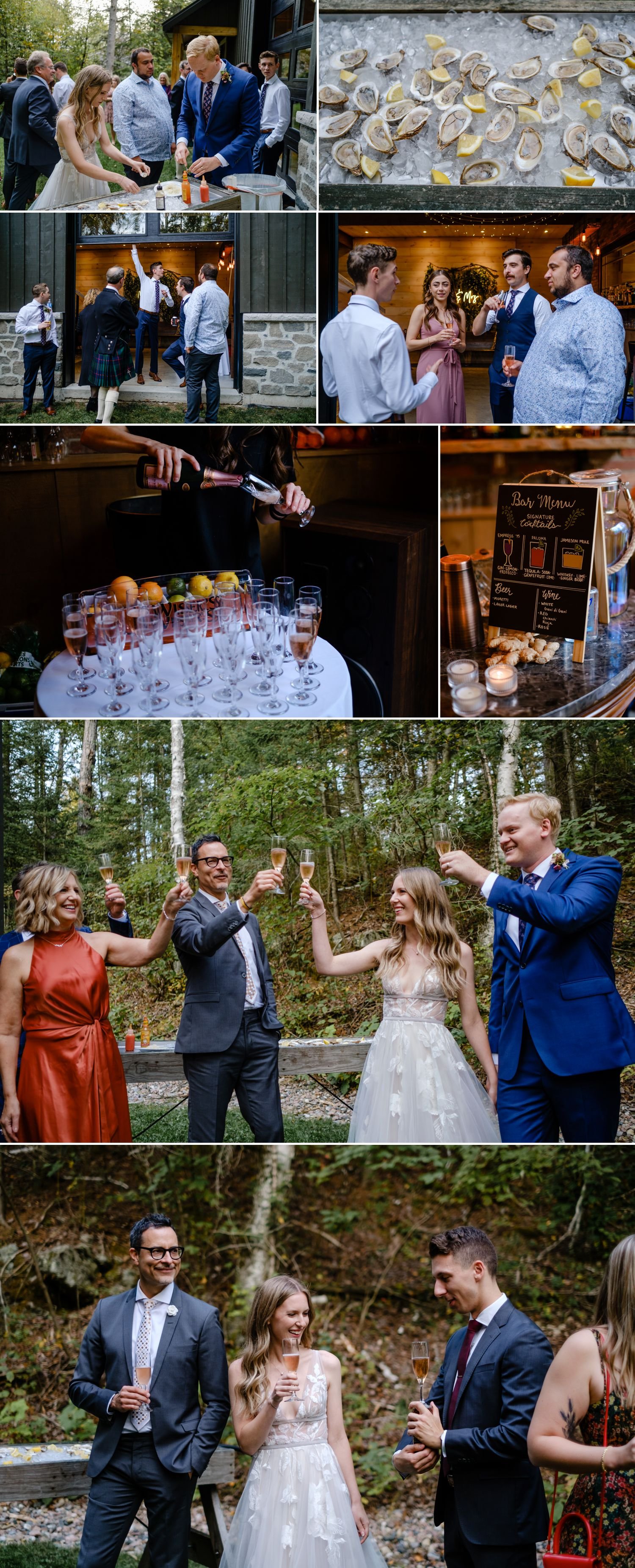 candid moments during an intimate cottage wedding cocktail reception in calabogie ontario