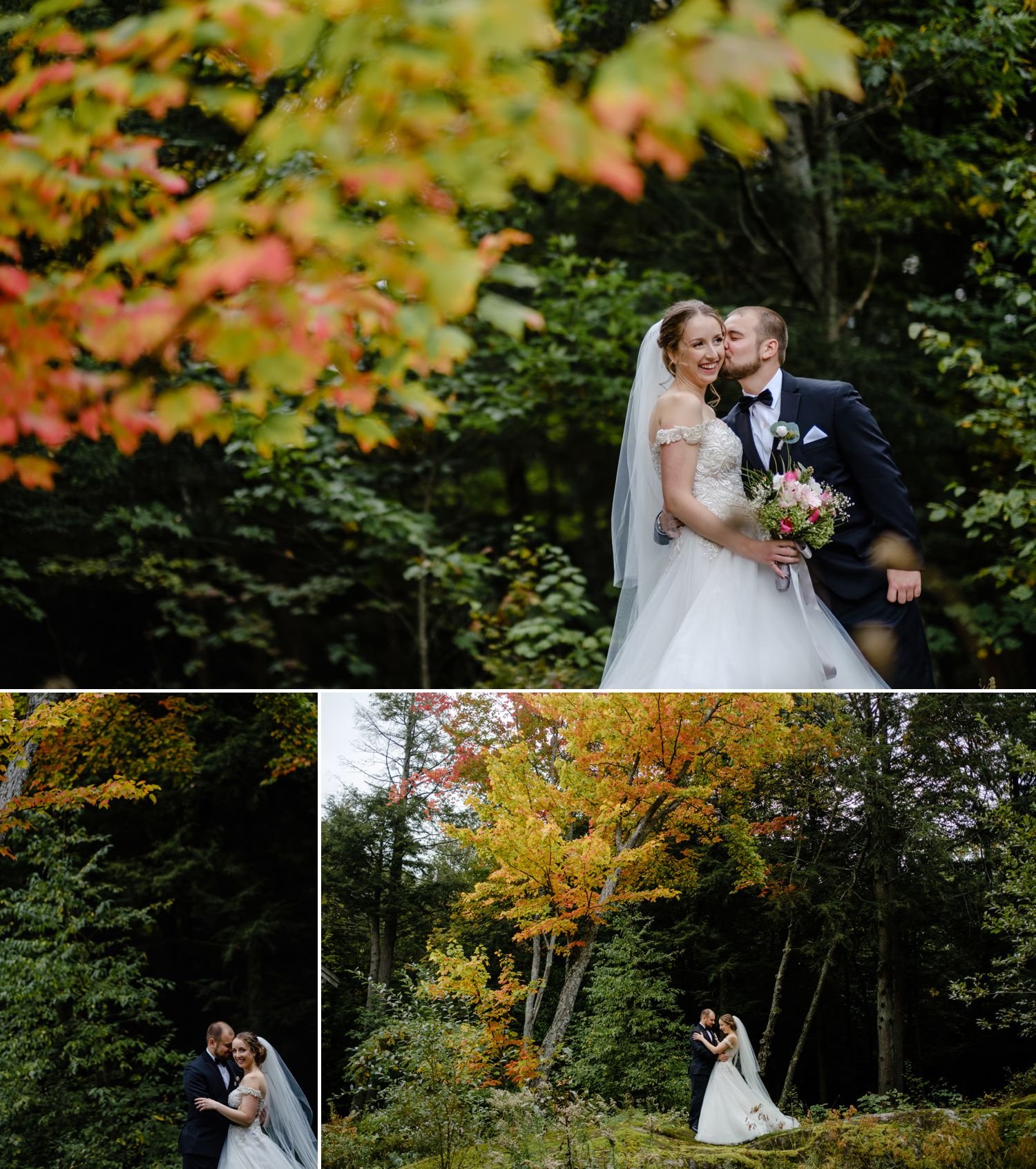 fall portraits of bride and groom at a wedding at le belvedere in wakefield quebec