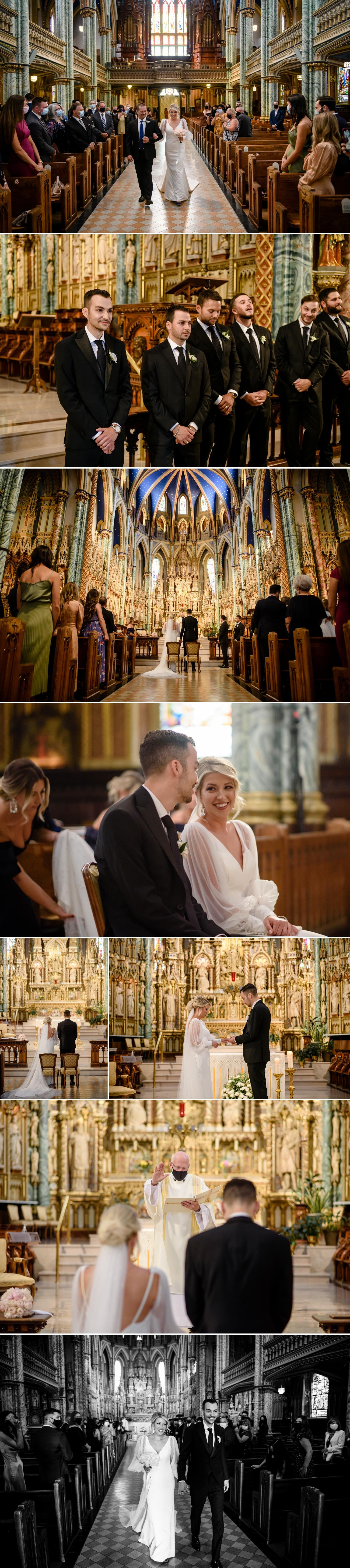 photos of a bride walking down the aisle at Notre dame in ottawa