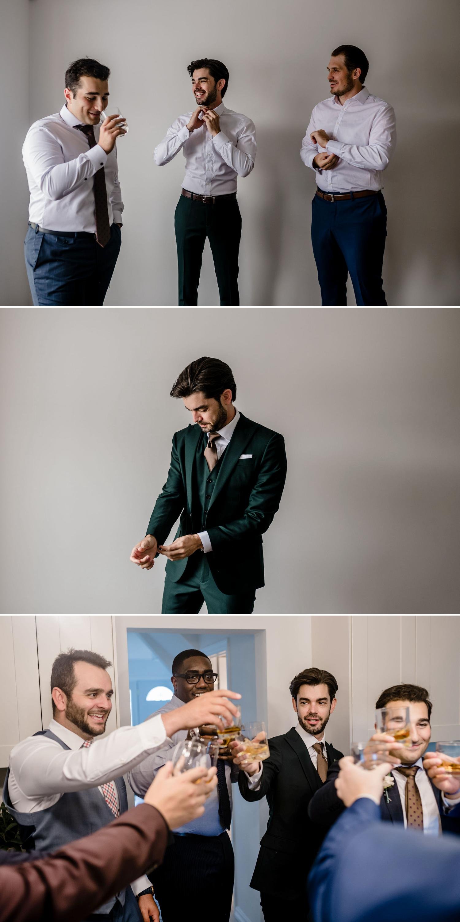 photos of a groom and his groomsmen getting ready