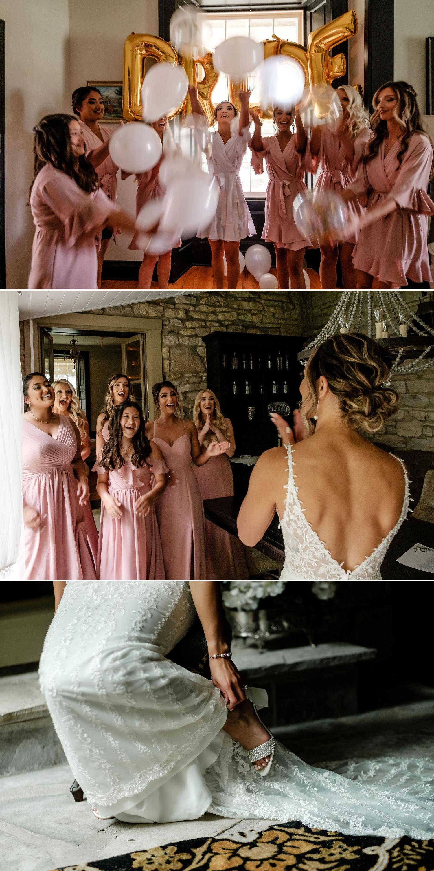 candid photos of bridesmaids seeing the bride in her dress for the first time
