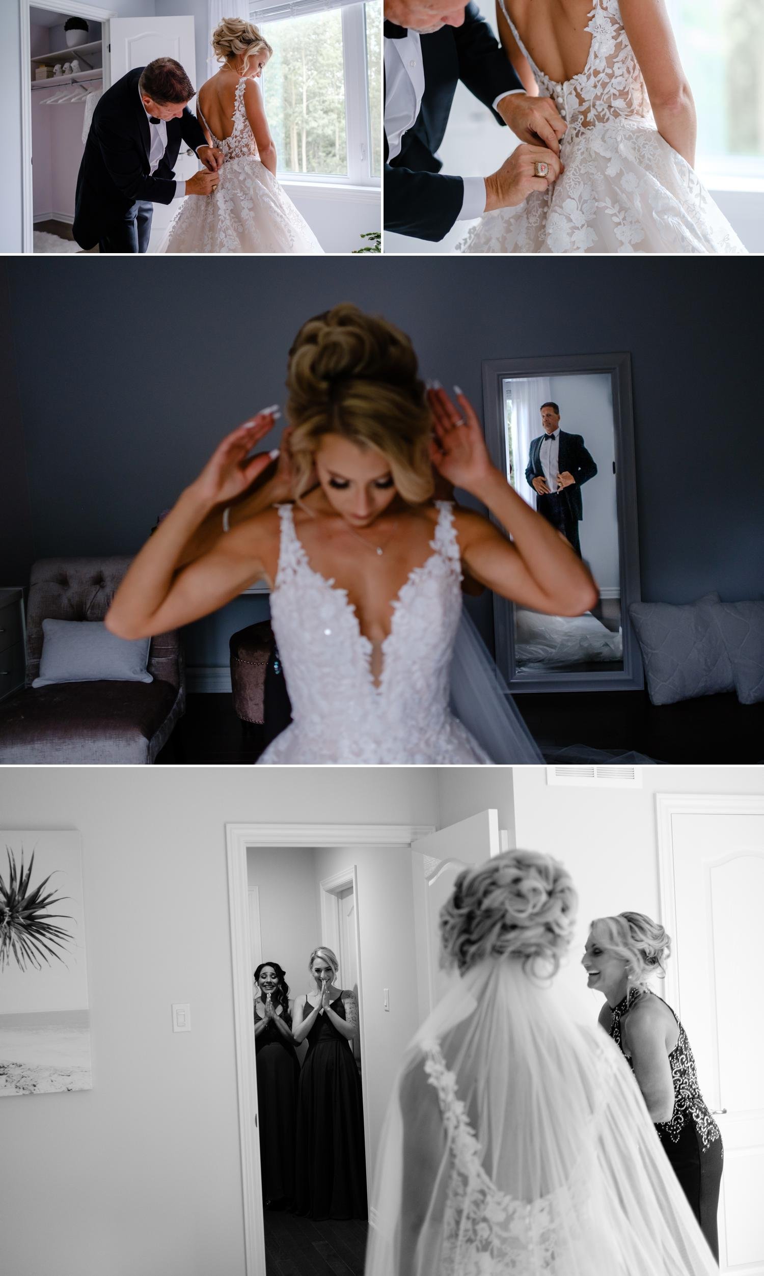a bride getting into her wedding dress