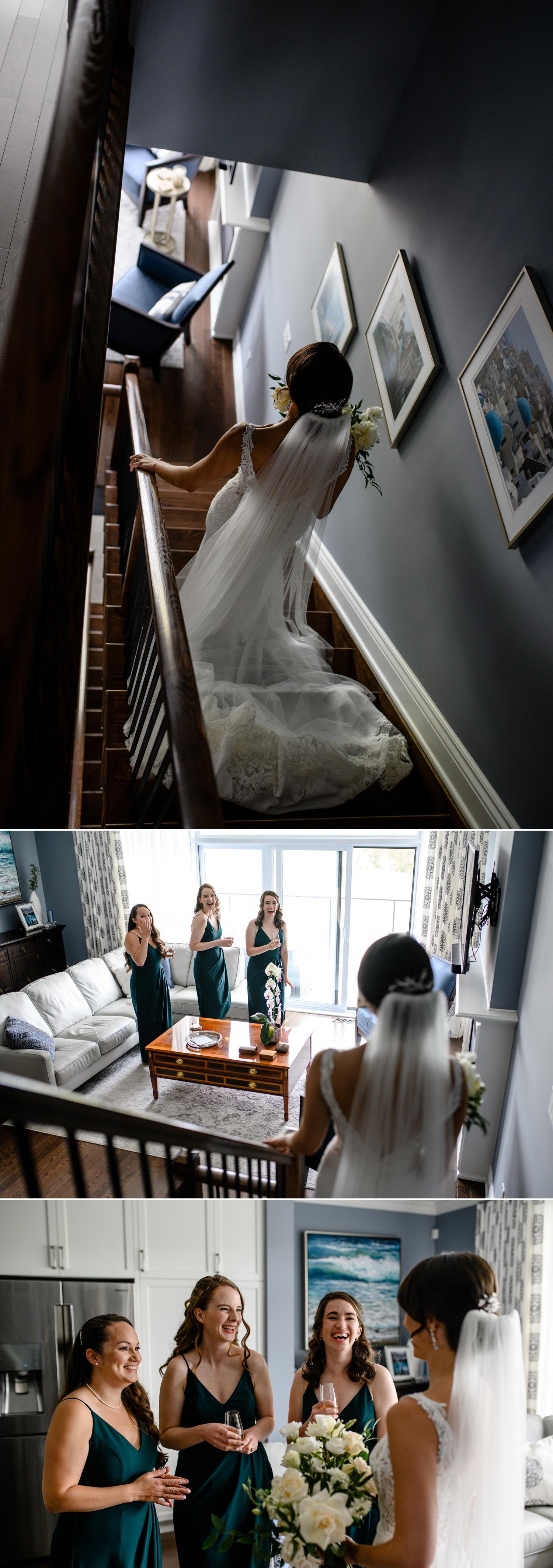 photos of bridesmaids seeing the bride in her wedding dress for the first time
