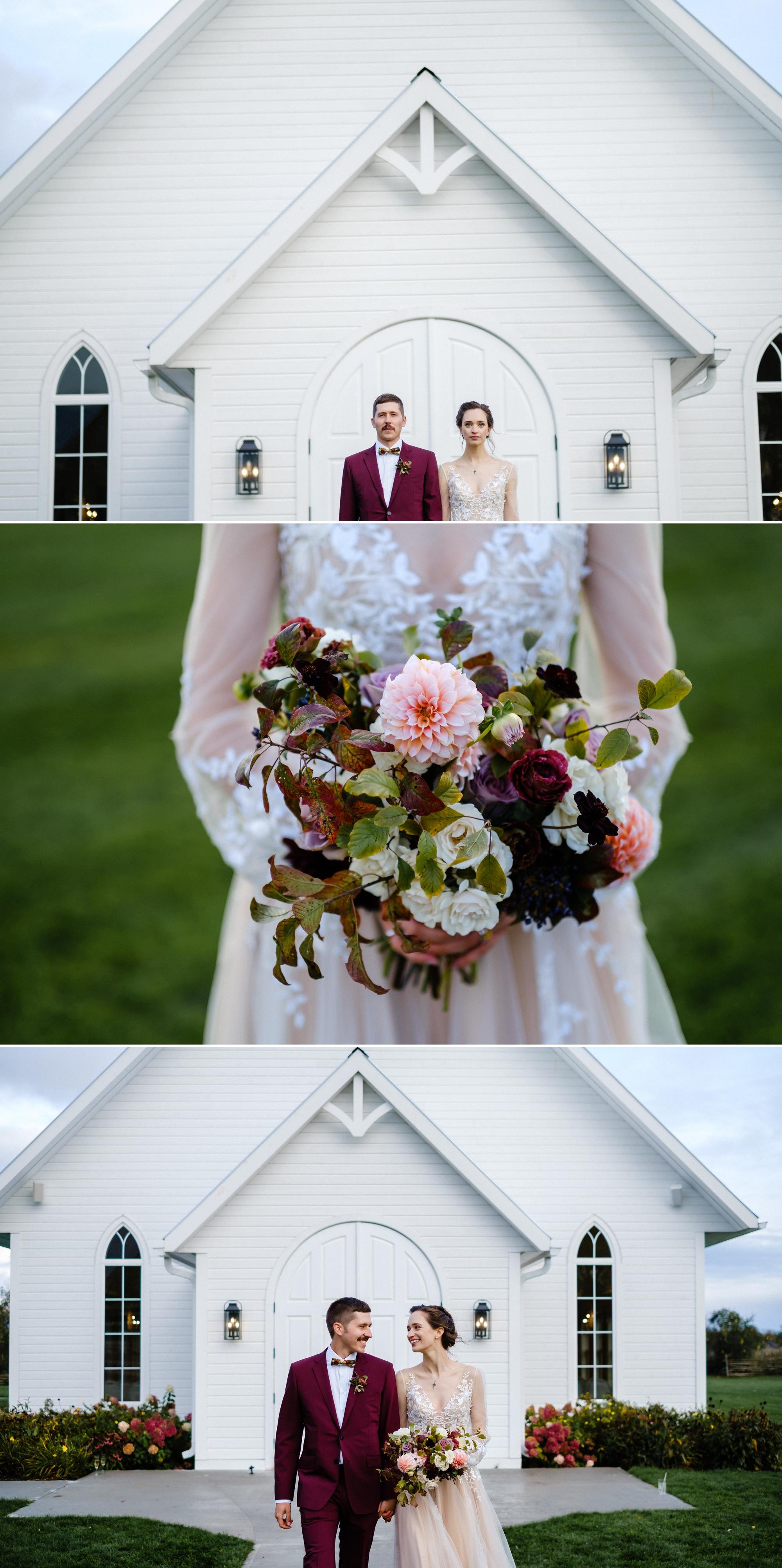 bride and groom photos in front of the chapel or ceremony house at stonefields estate