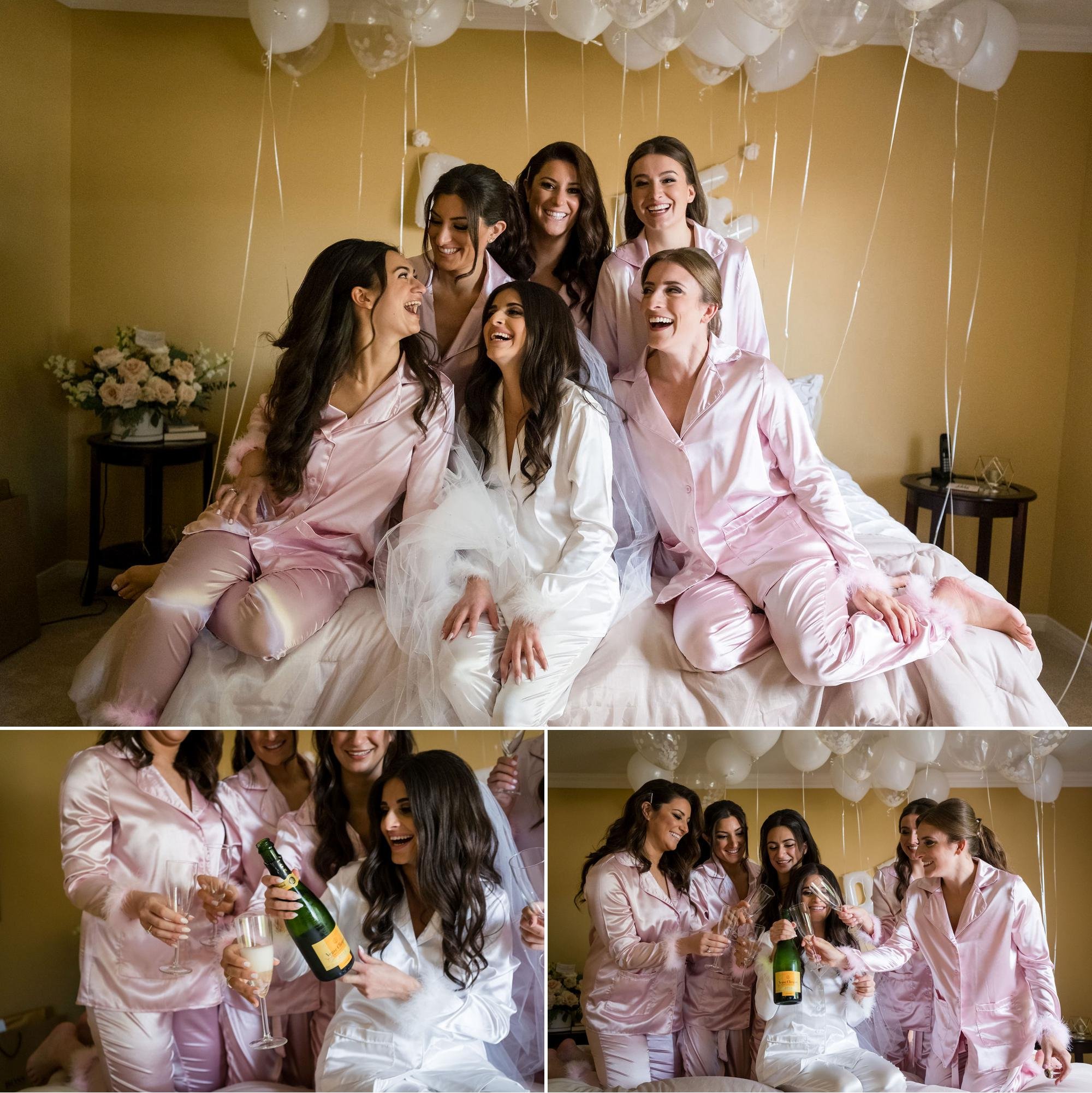 a bride and her bridesmaids toasting