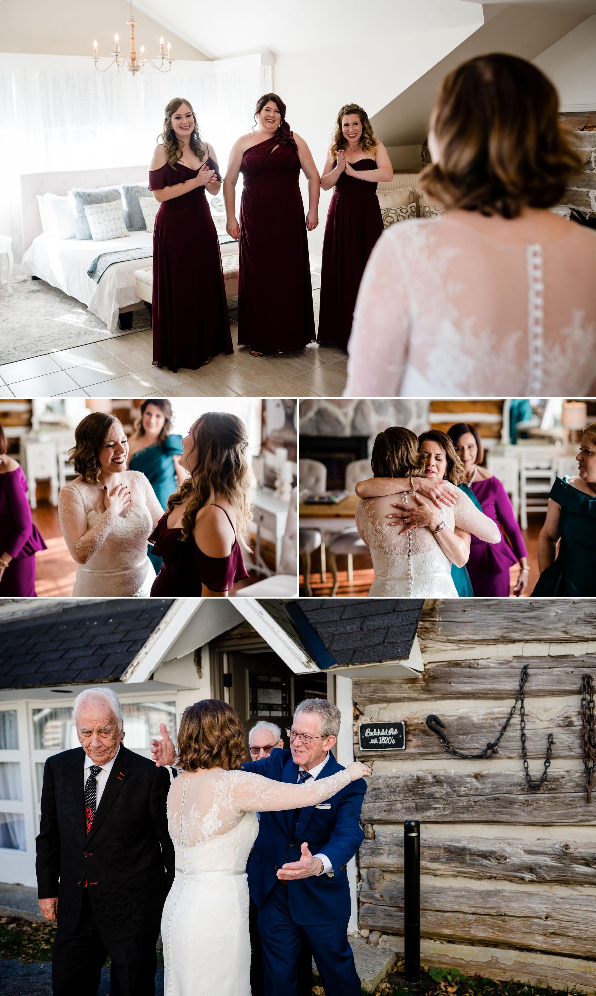 photos of a wedding party seeing the bride in her wedding dress for the first time