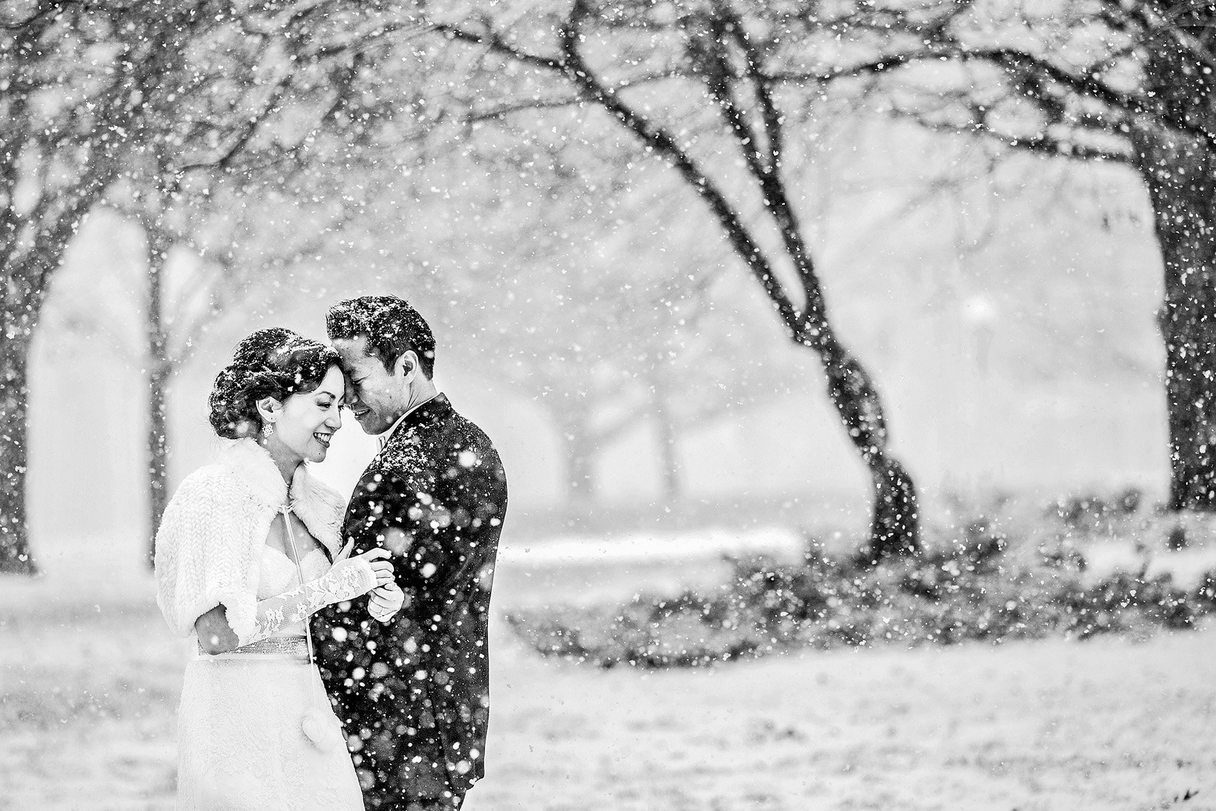 wedding photograph of a bride and groom sharing a moment in confederation park in the snow (Copy)