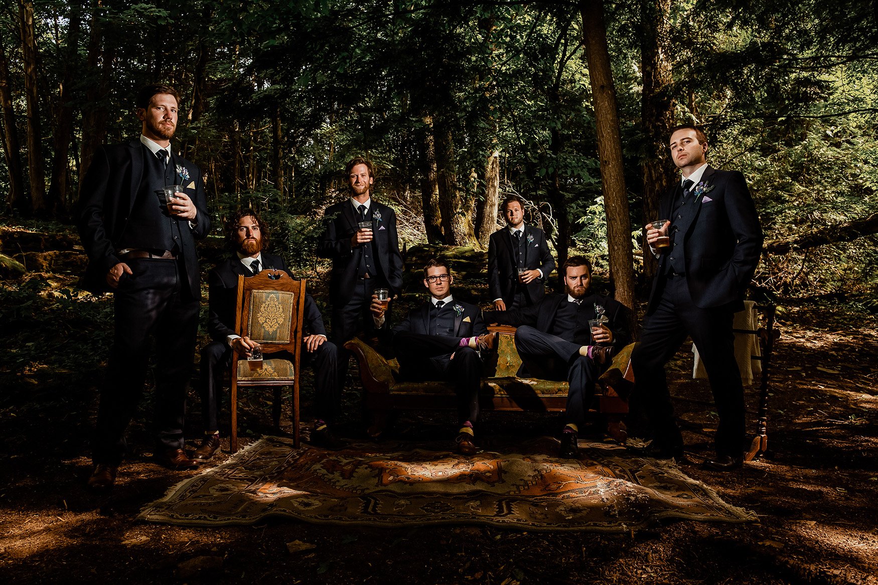 dramatic wedding party portrait in the forest (Copy)