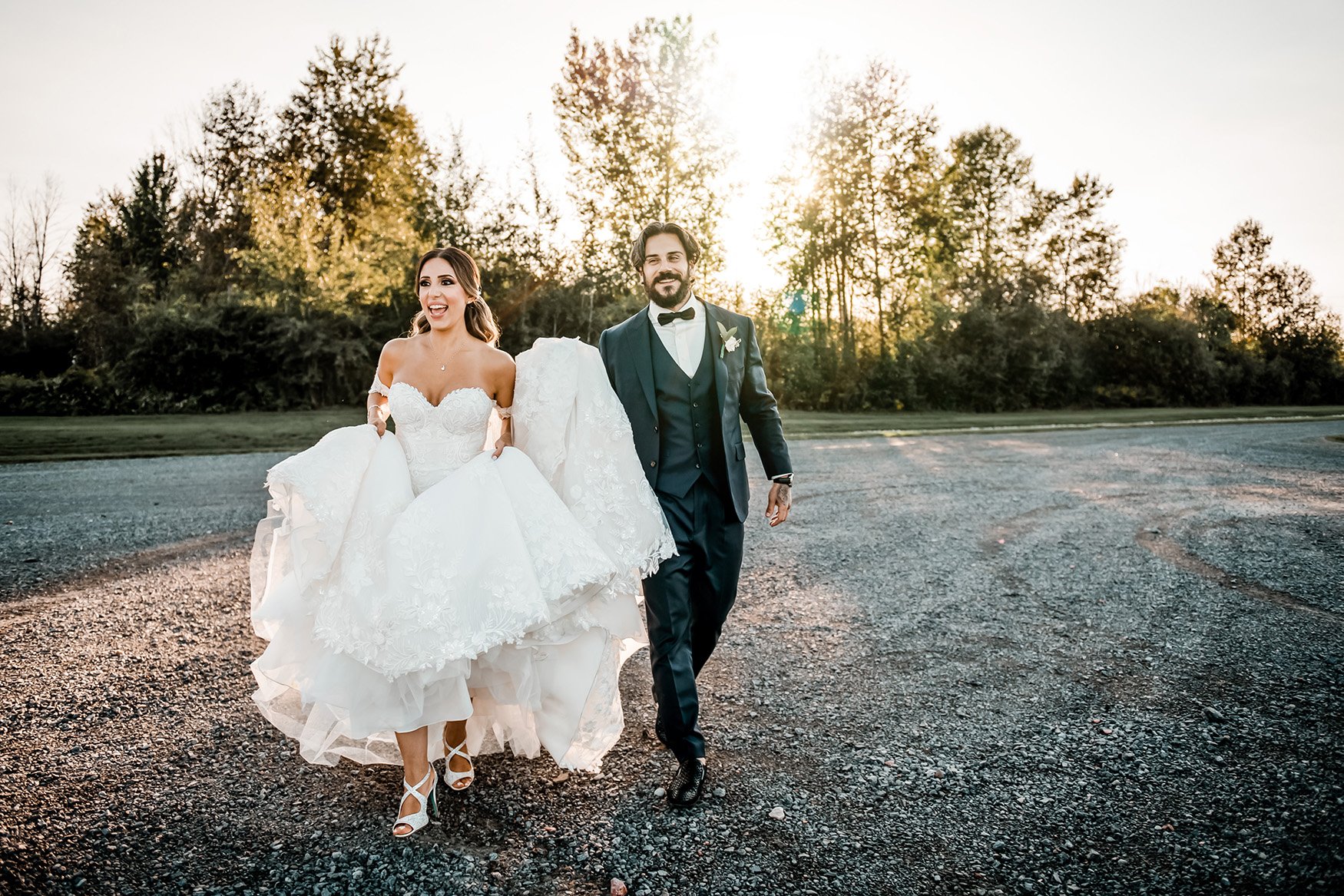 bride and groom arrive for wedding reception at aquatopia in ontario