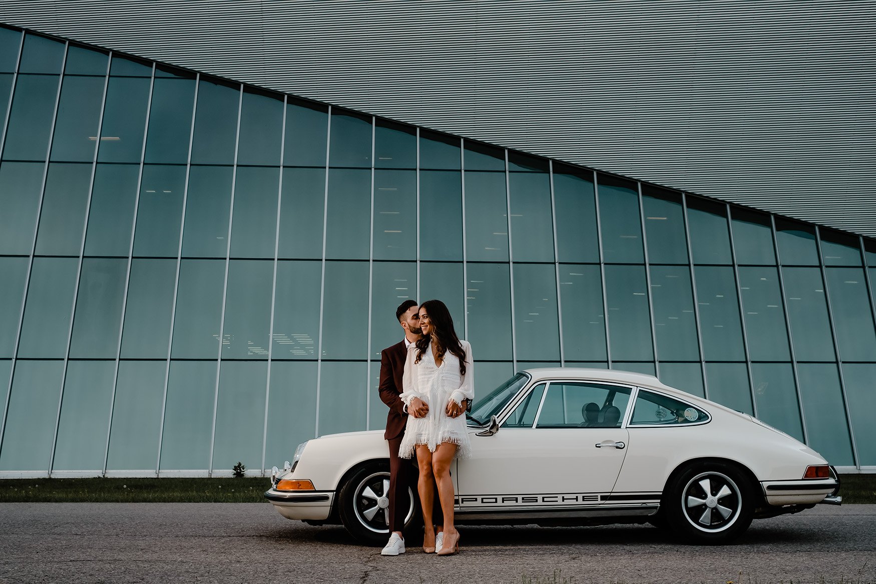 elegant engagement shoot photo with a vintage Porsche (Copy)
