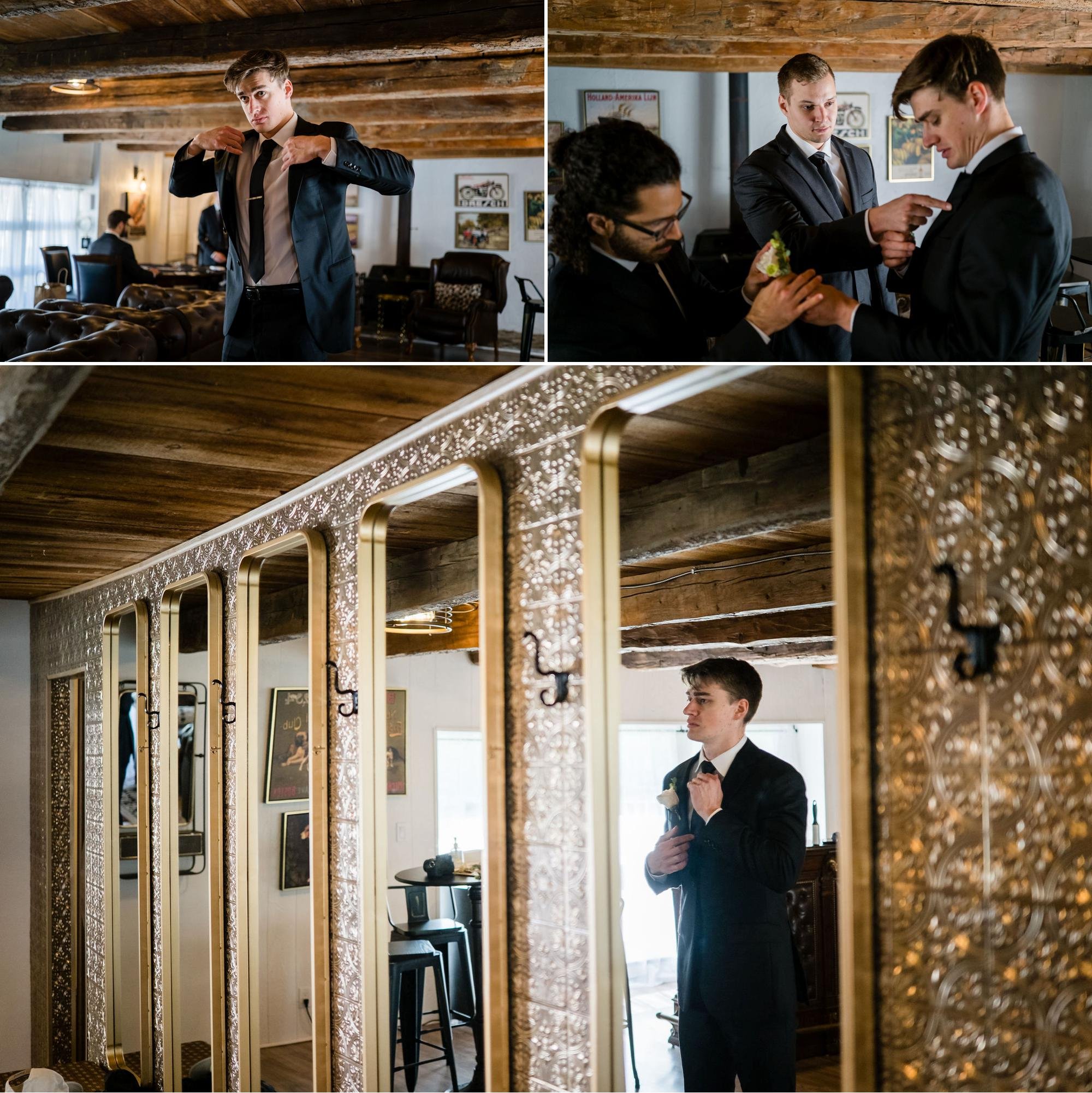 photos of groomsmen getting ready in the pub at stonefields estate