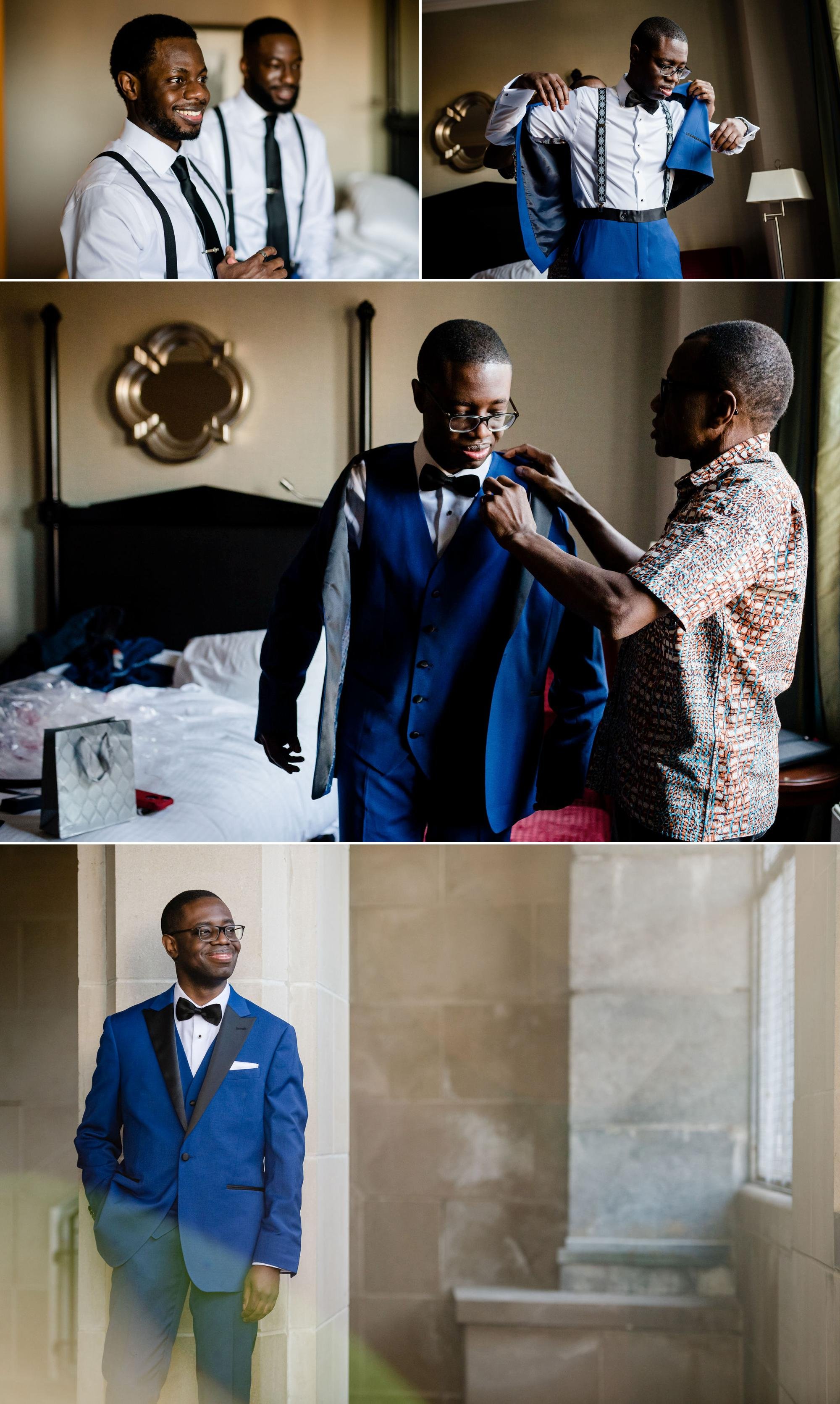 photos of a groom getting ready for his wedding day at le Chateau Laurier