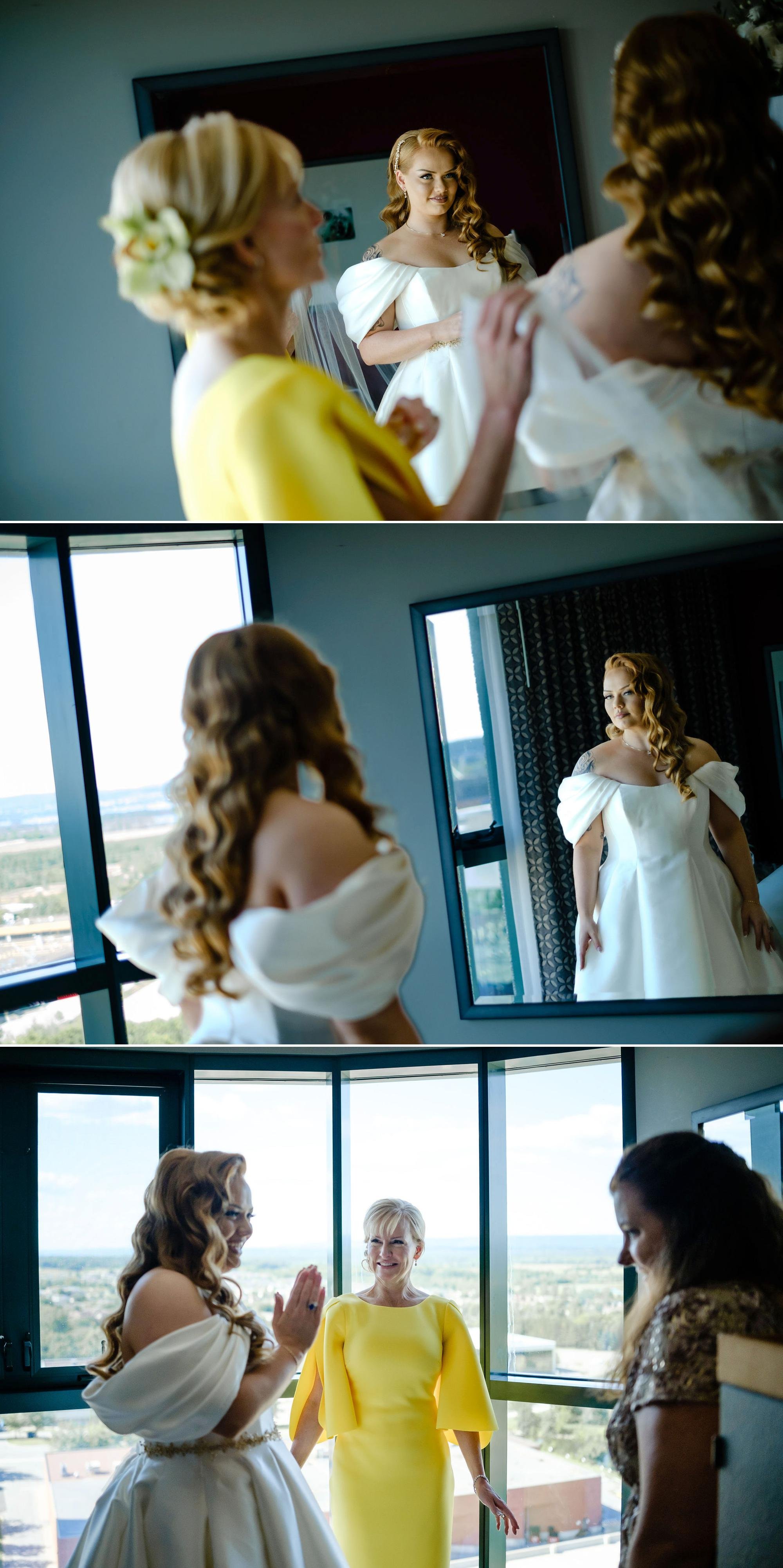 photographs of a bride getting in to her wedding dress at the Brookstreet hotel