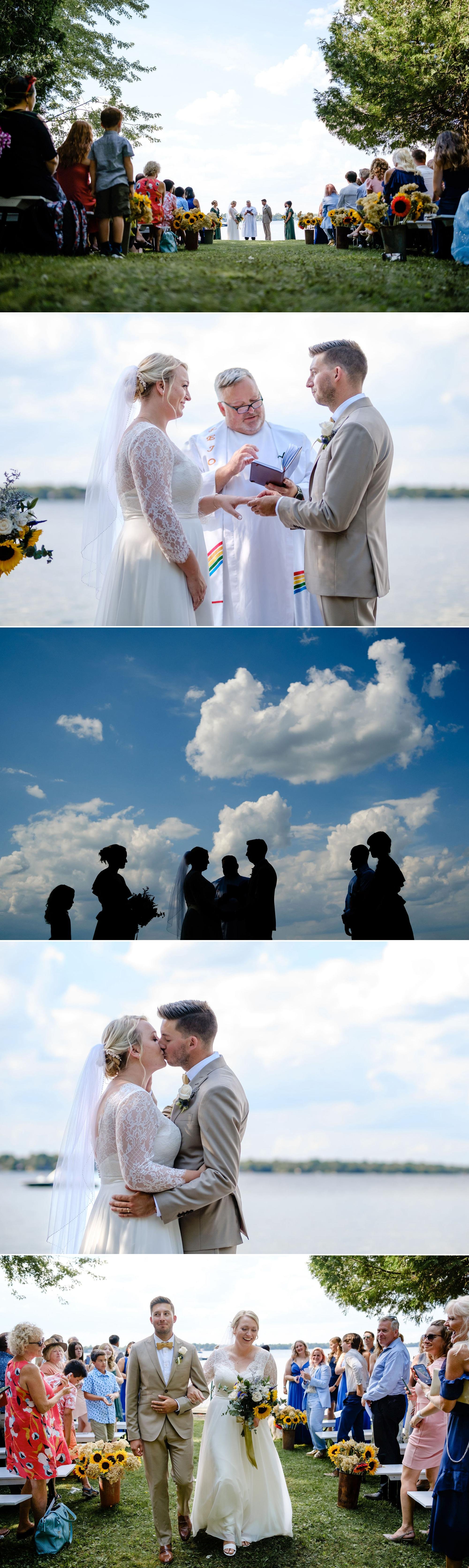 cottage wedding ceremony photographs on a dock
