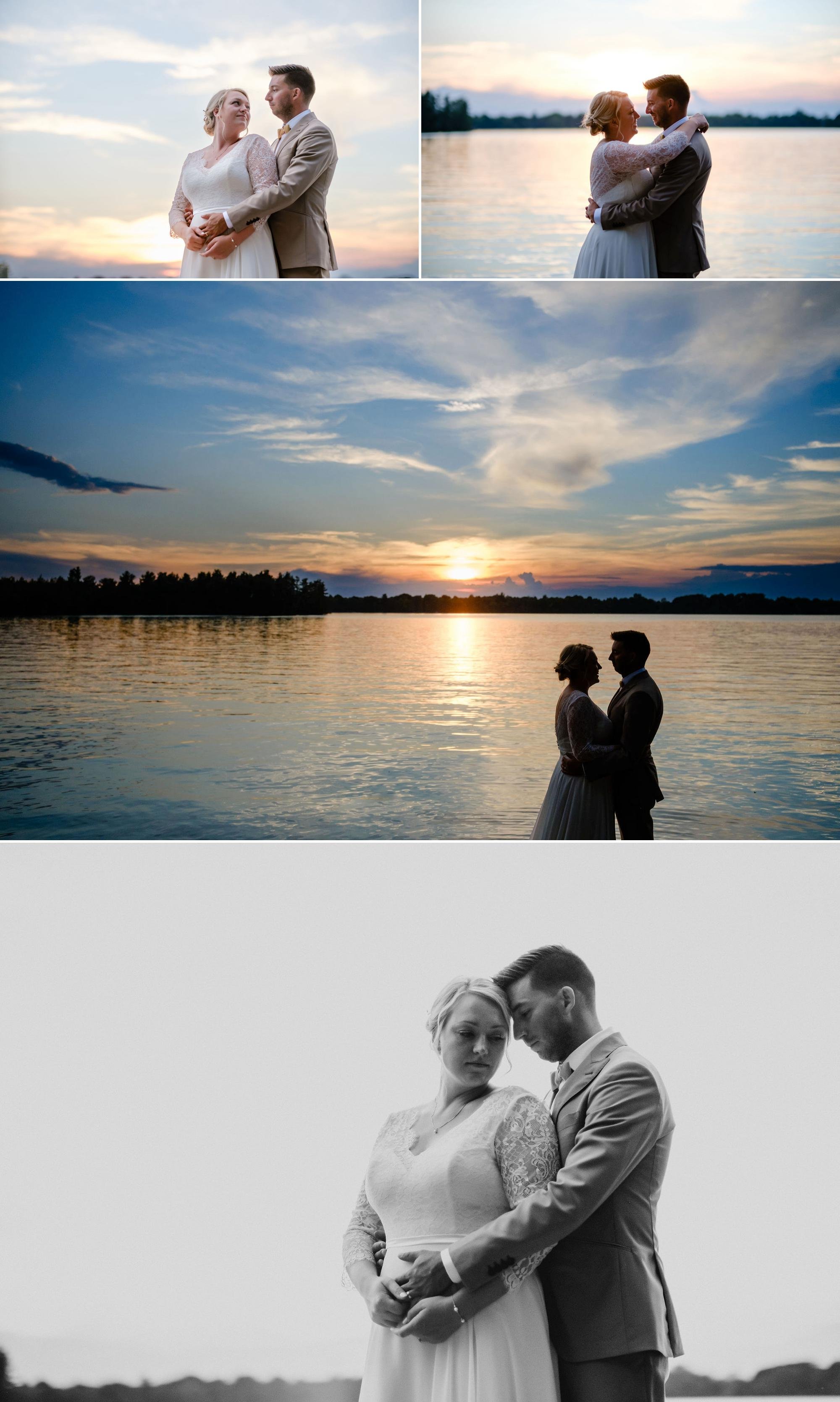 sunset wedding photos by a lake at a cottage 