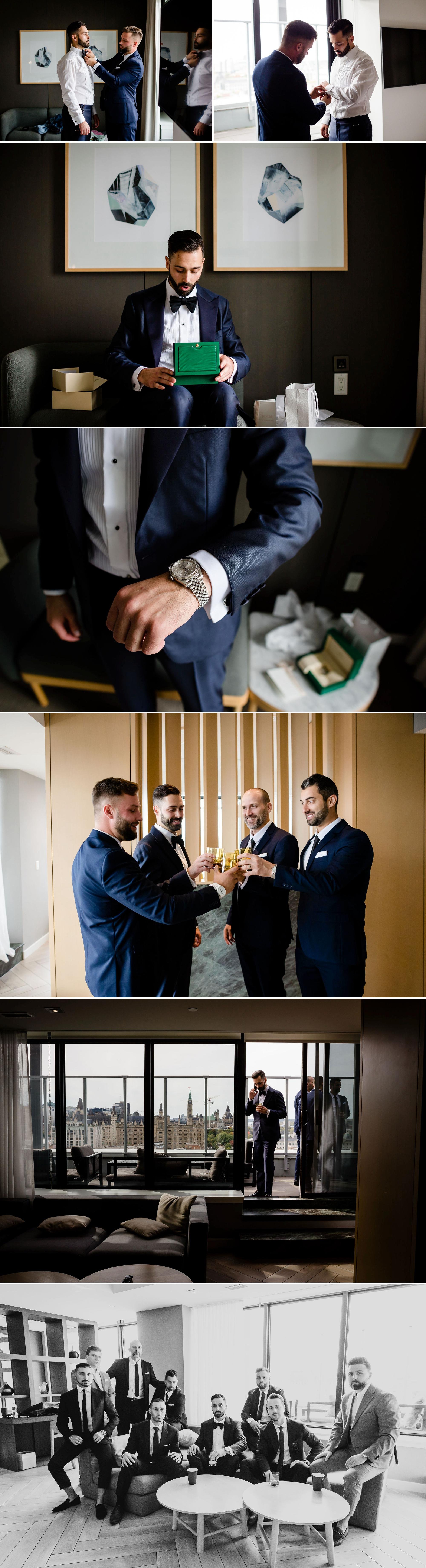 photos of a groom getting ready for his wedding at the andaz hotel in ottawa