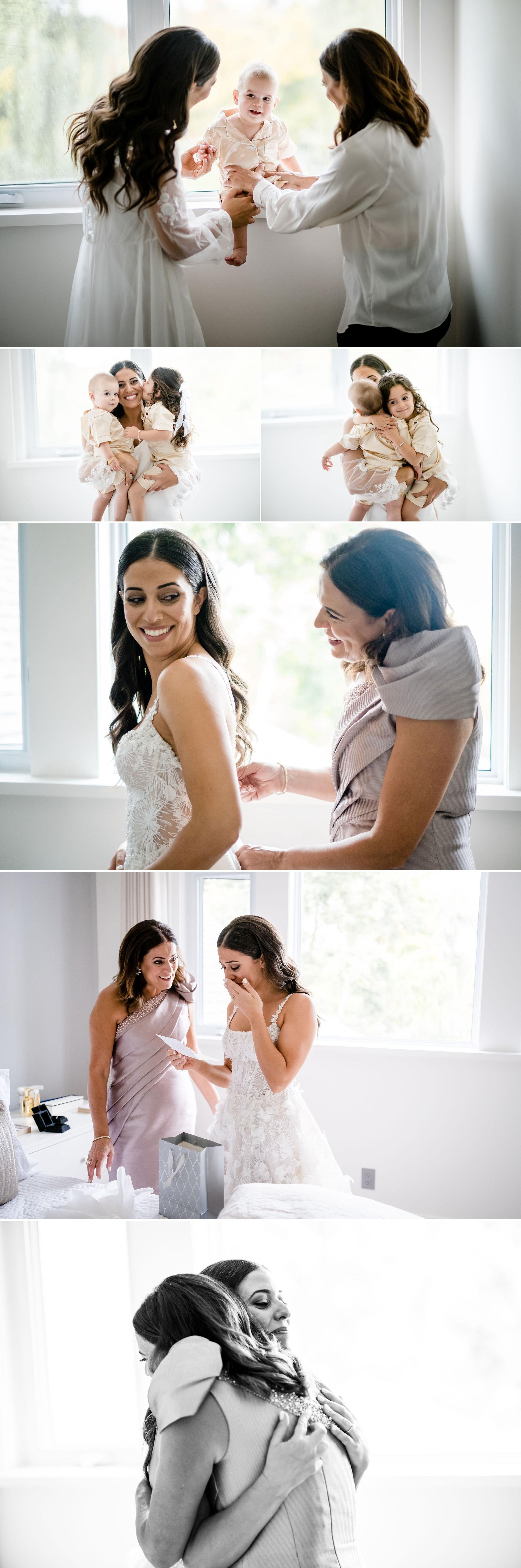 photographs of a mother helping her daughter into her wedding dress