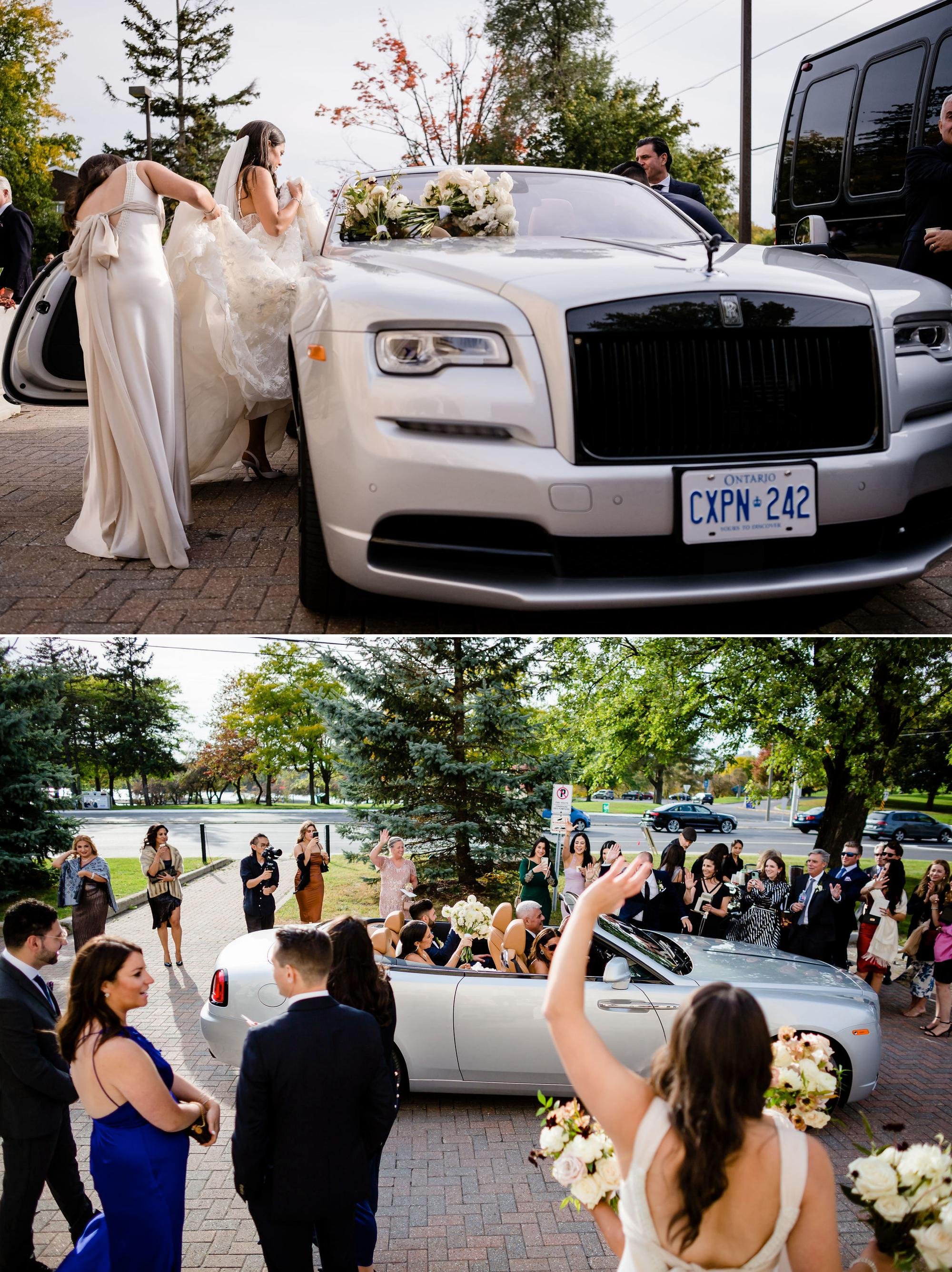 photographs of a married couple getting into a rolls Royce after their ceremony