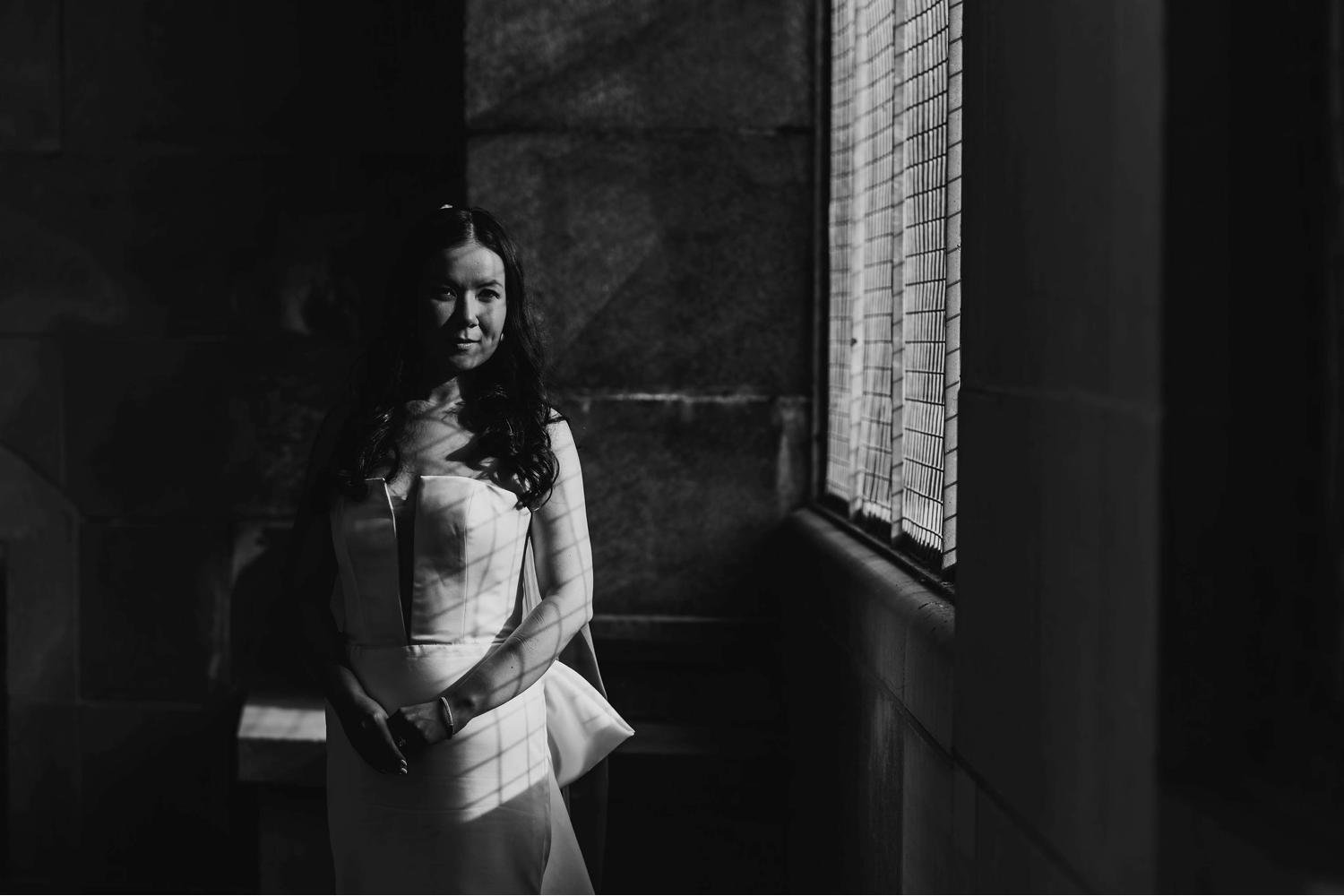 black and white photo of a bride
