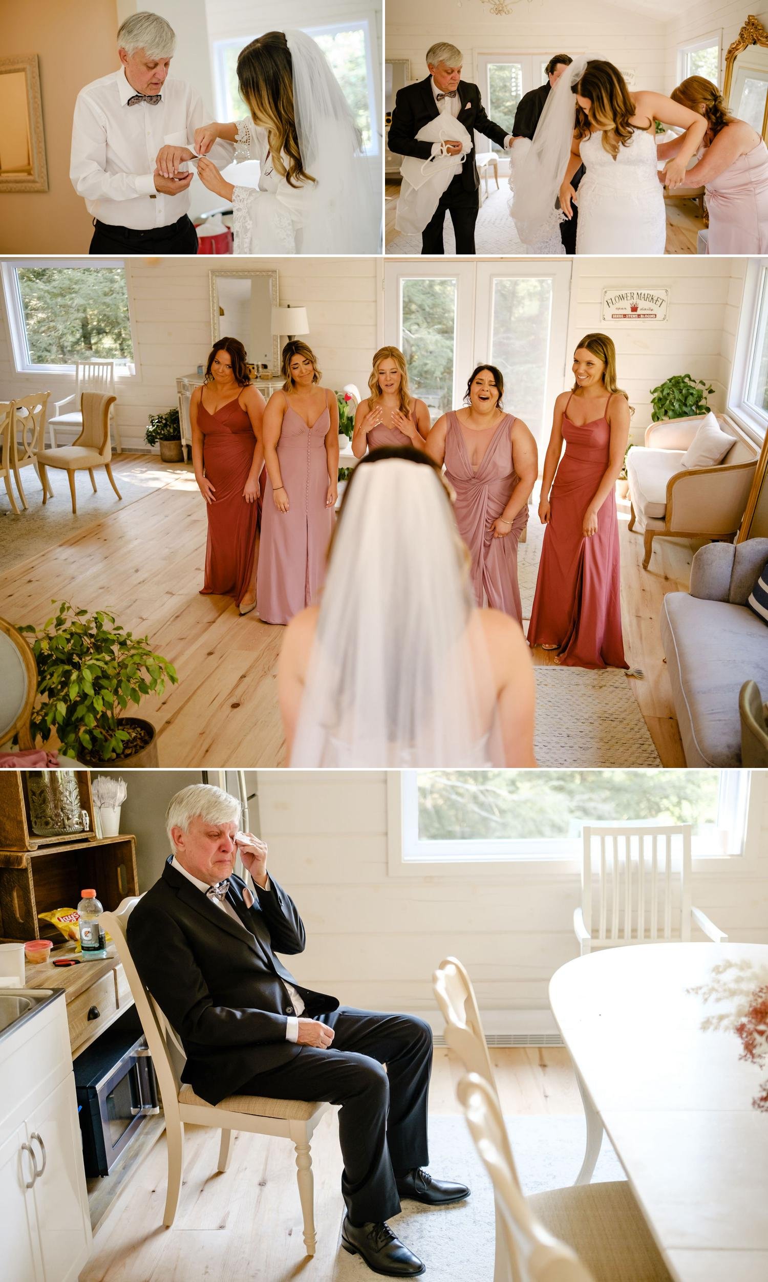 photograph of an emotional dad seeing his daughter in her wedding dress for the first time