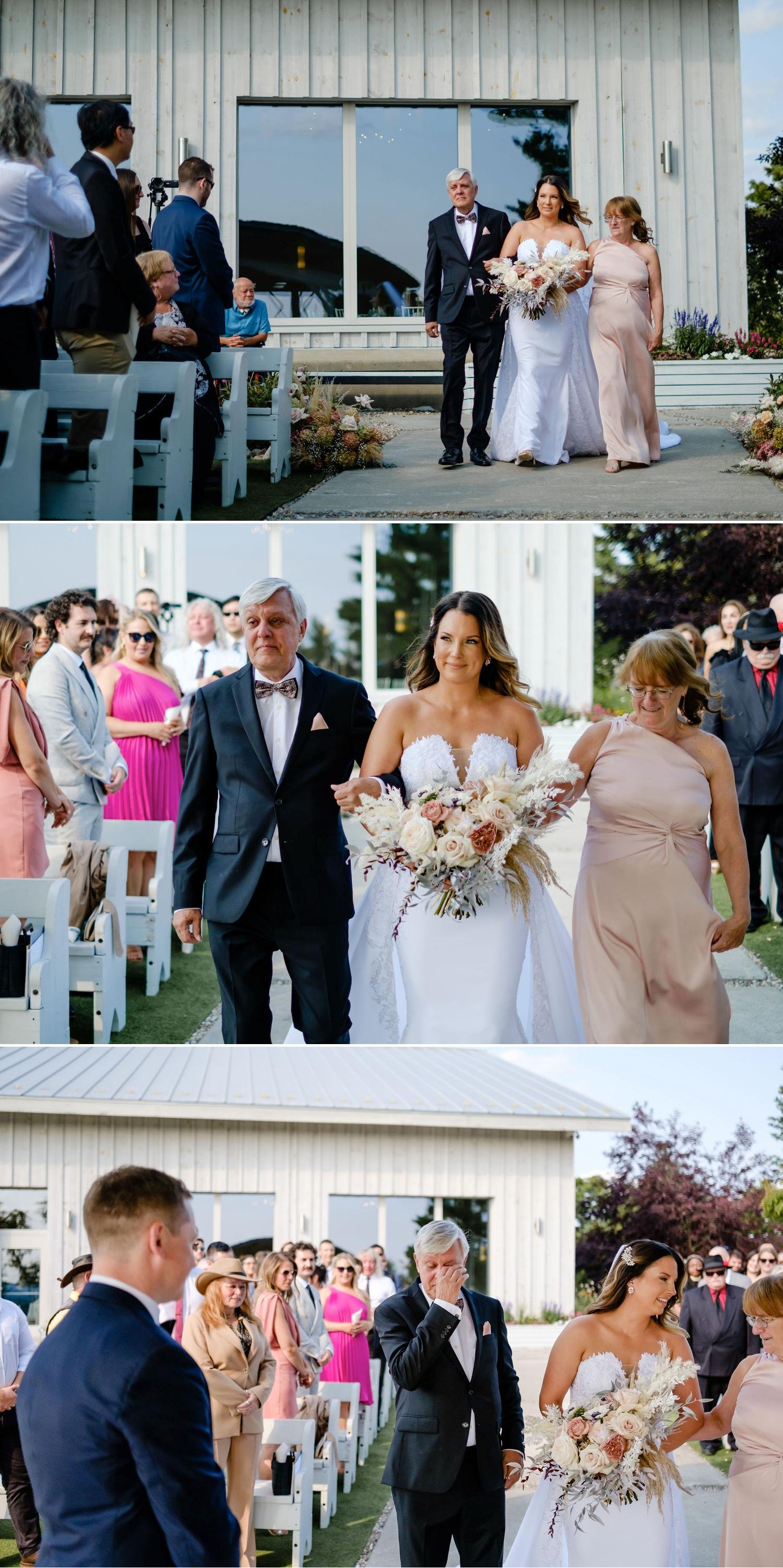 photograph of a bride walking down the aisle at a le belvedere wedding ceremony