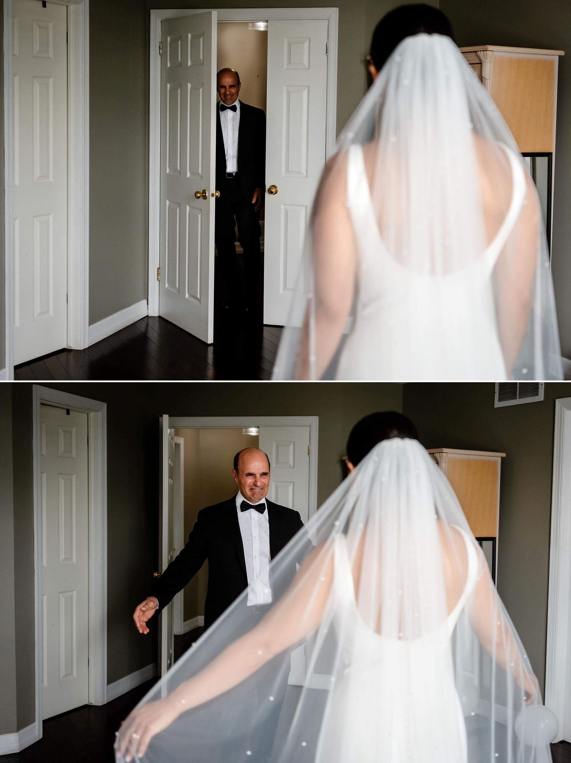 emotional photographs of a dad seeing his daughter in her wedding dress for the first time