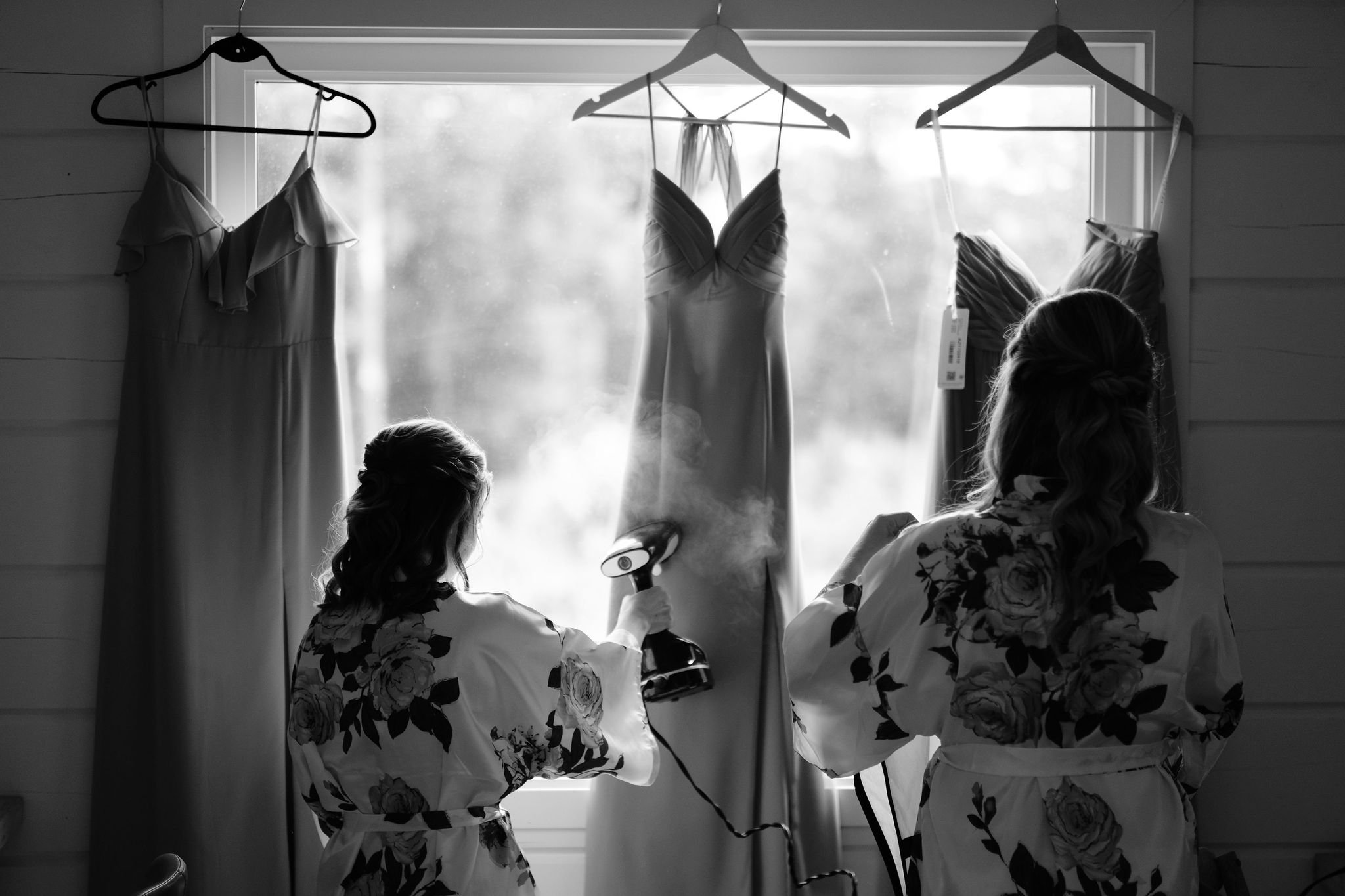  black and white photo of bridesmaids getting ready   