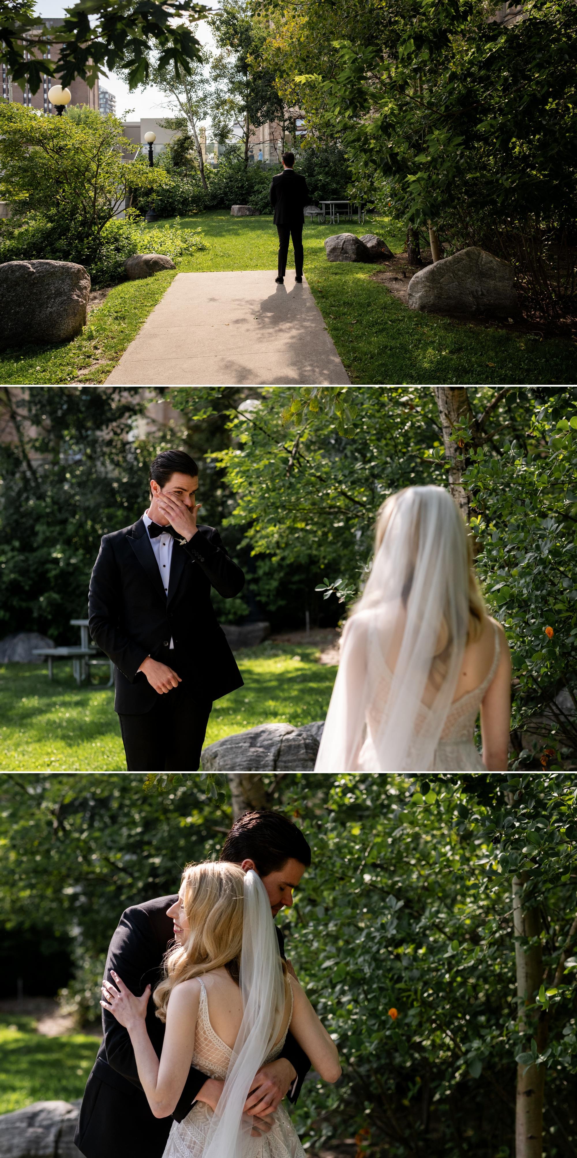 photos of a first look between a groom and bride at the museum of nature