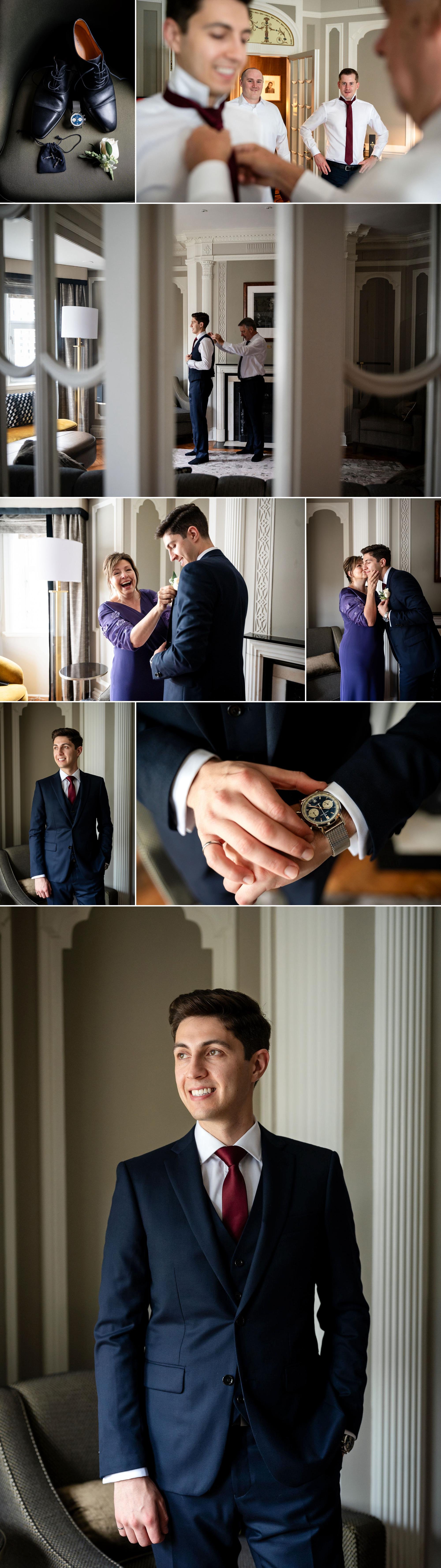 photos of a groom getting ready for his wedding at the chateau Laurier