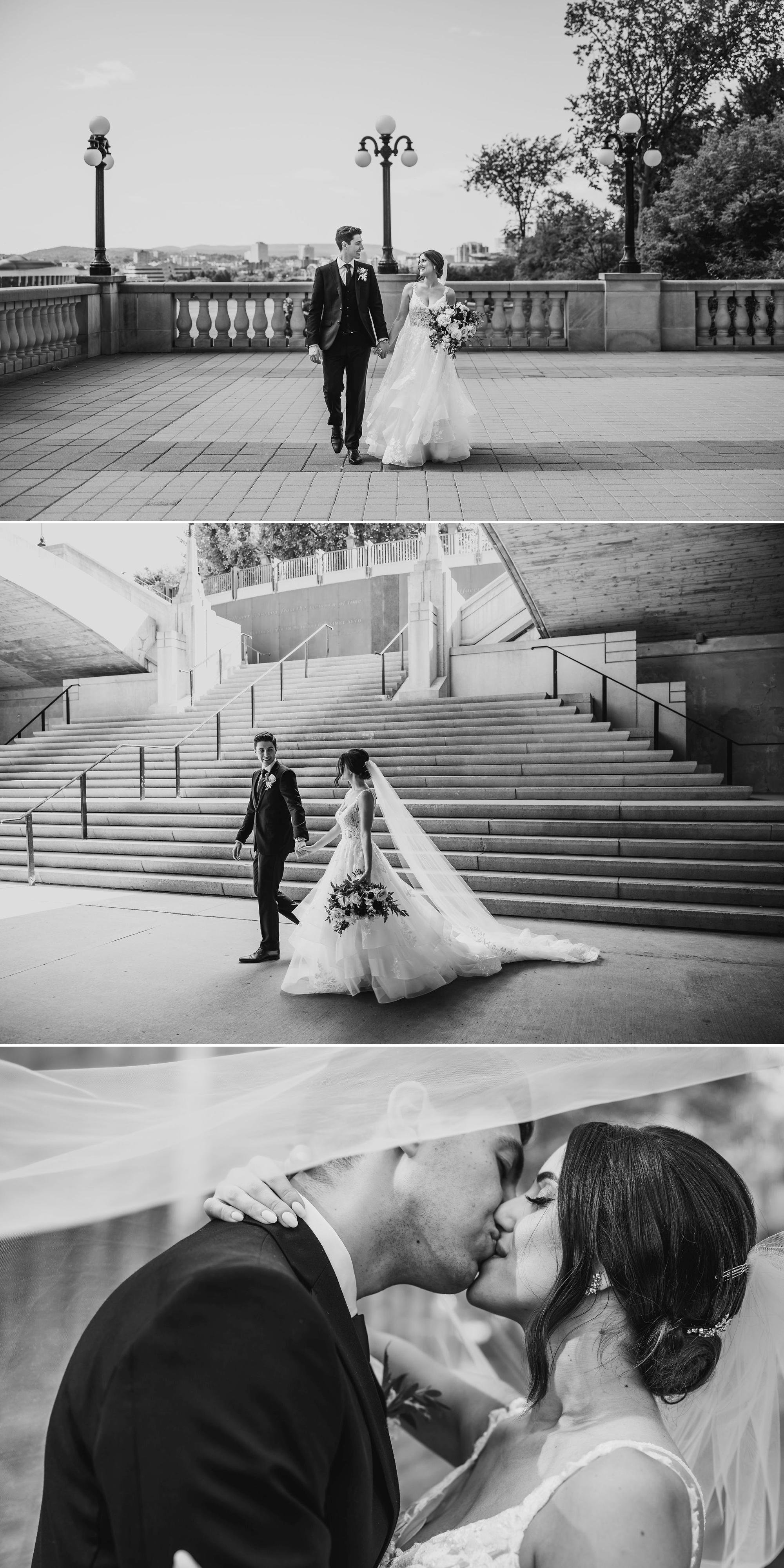 photographs of a bride and groom in downtown ottawa at their chateau Laurier wedding