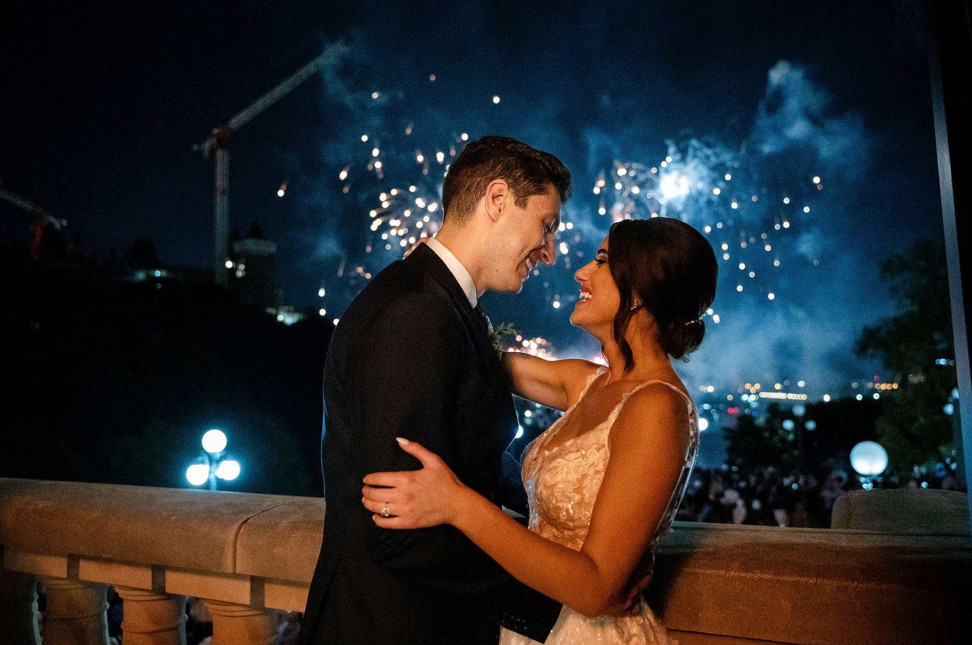 photo from a chateau Laurier ballroom wedding with fireworks in the background