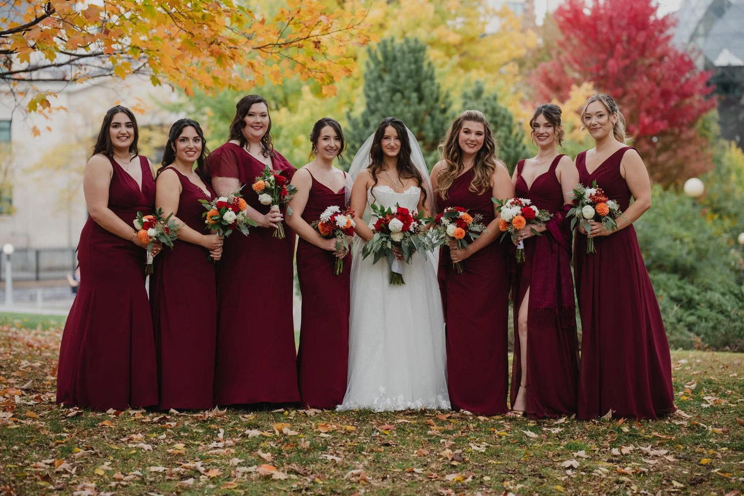 autumn wedding party photo outside in ottawa