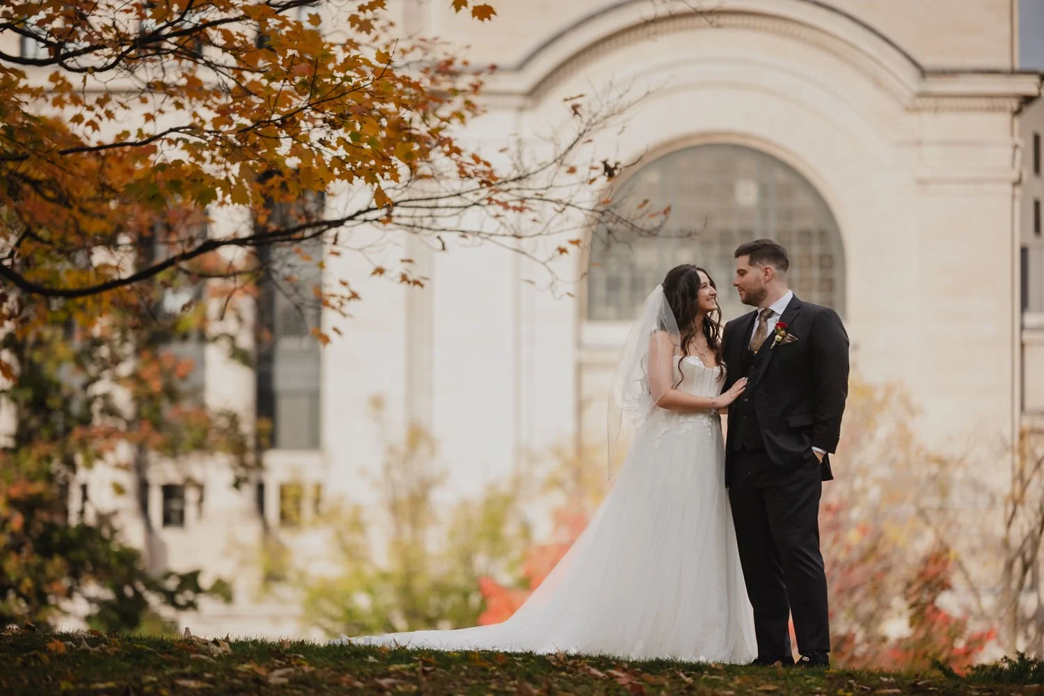 portrait of a bride and groom on their wedding day in downtown ottawa
