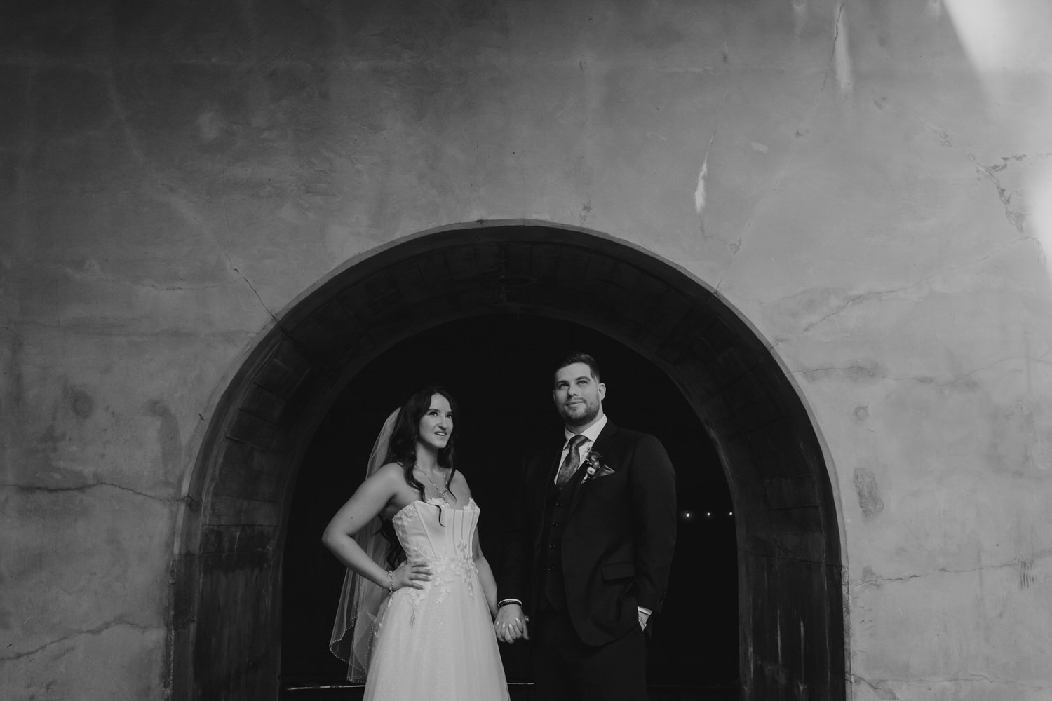 black and white photo of a bride and groom in downtown ottawa