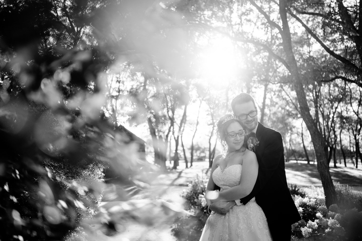 black and white couples photograph on their wedding day at stonefields